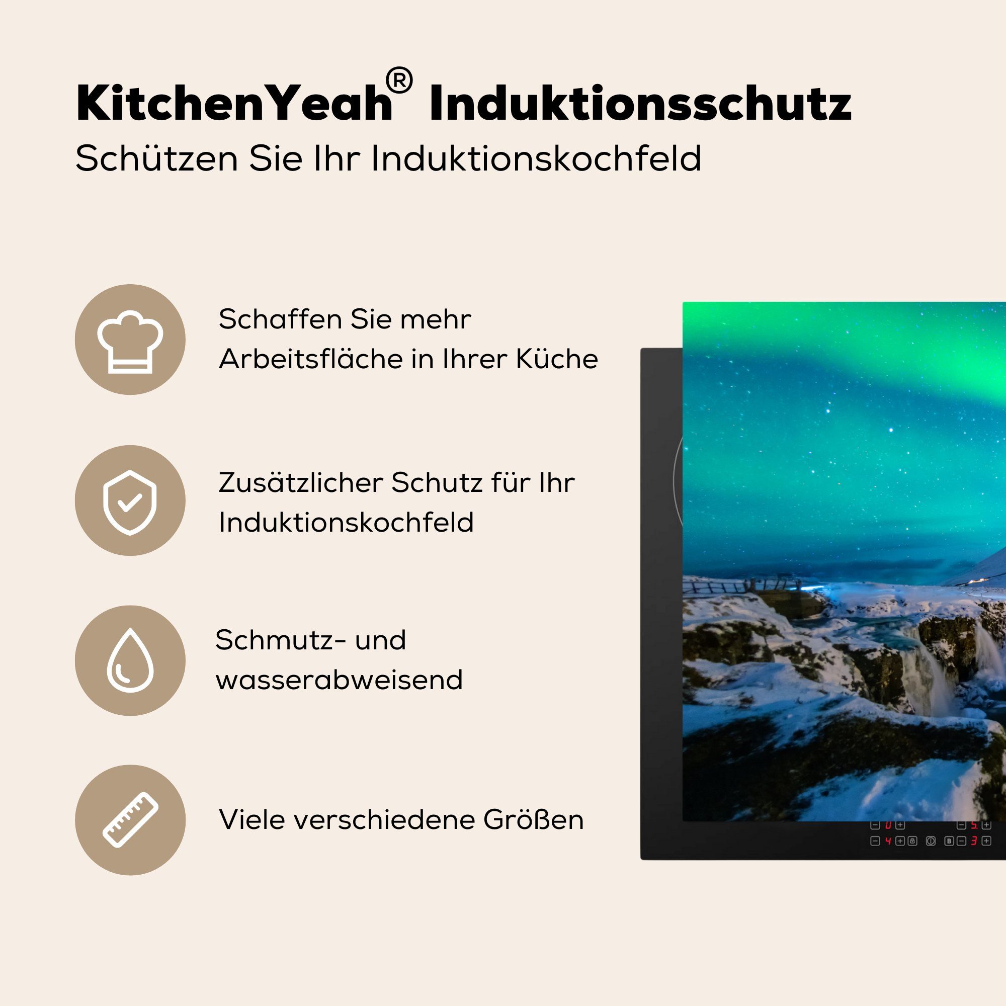 Induktionskochfeld Herdblende-/Abdeckplatte Schutz Island, Vinyl, in küche, tlg), (1 Ceranfeldabdeckung Nordlichter 81x52 für MuchoWow cm, die