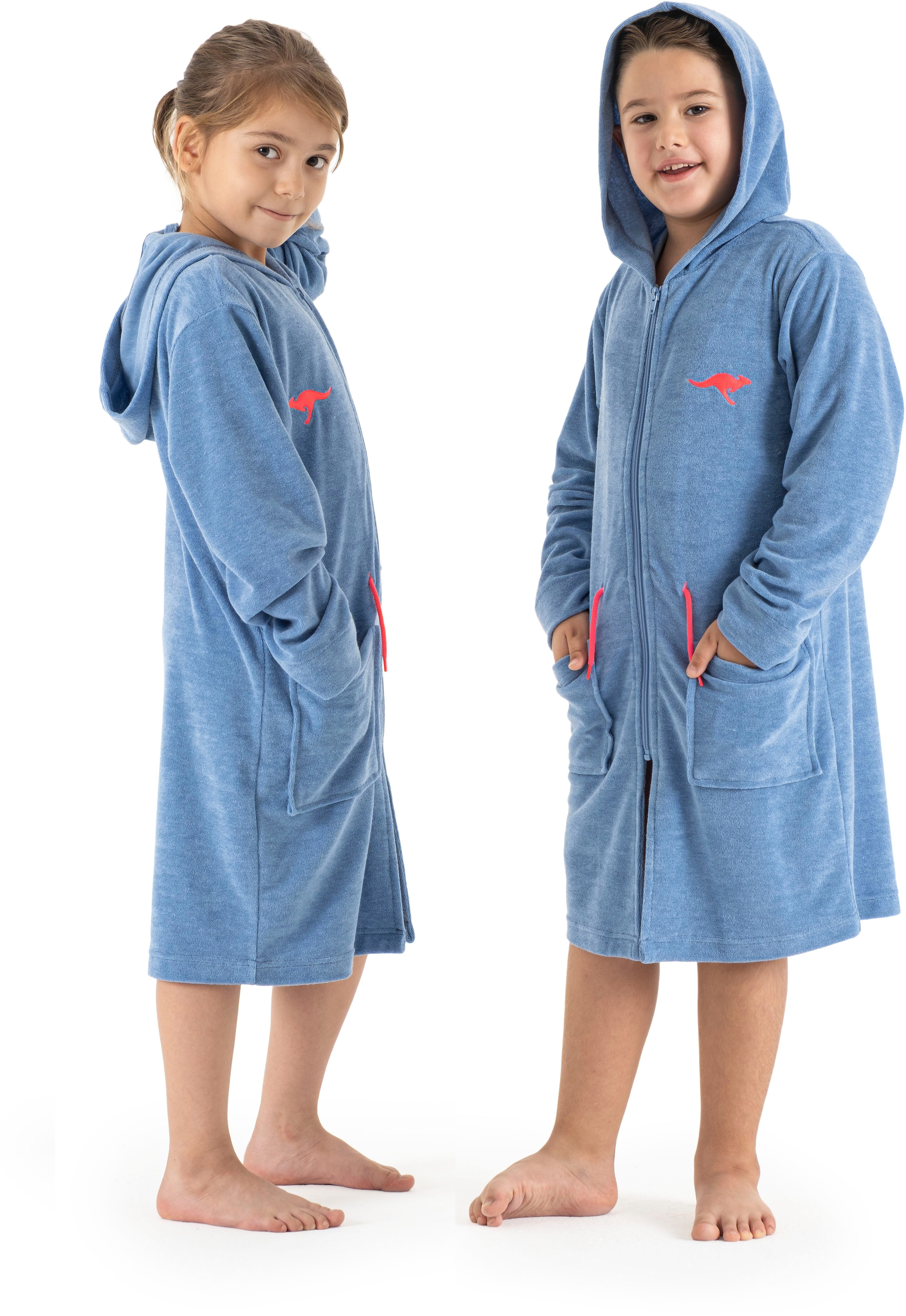 KangaROOS Kinderbademantel Kira, Ideal für Zuhause, Schwimmbad oder im Urlaub, Kurzform, Leichtfrottier, Kapuze, Reißverschluss, modernen, sportliches Design, leuchtenden Akzenten