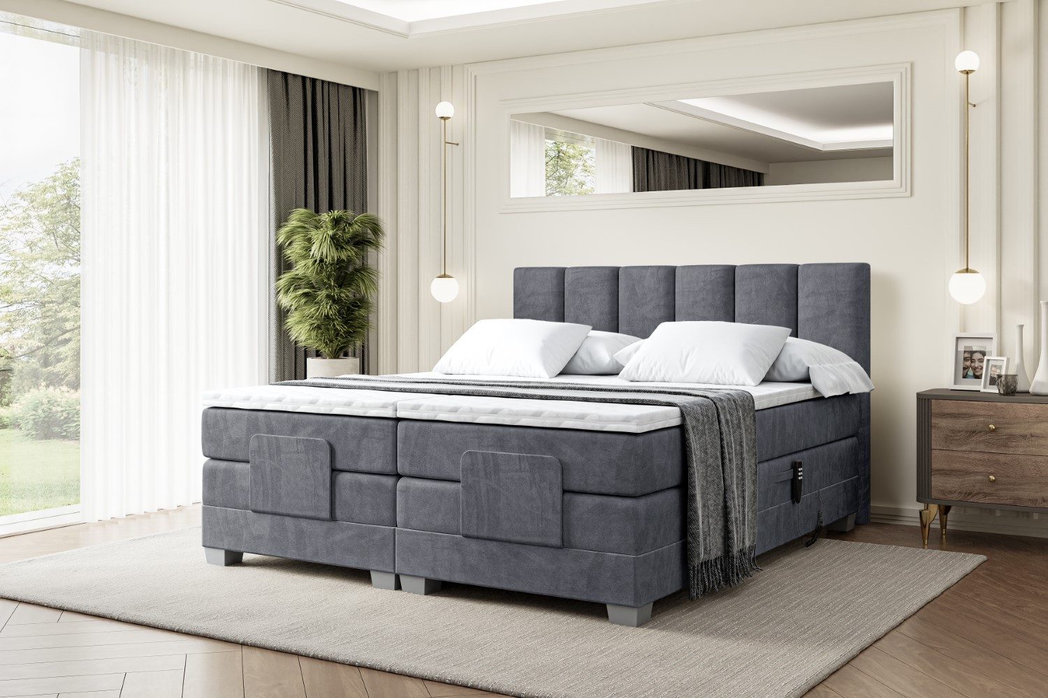 ALTDECOR Boxspringbett AMEL EL (mit Matratze Lattenrost Topper Polsterbett mit Bettkasten Doppelbett), Elektrisch verstellbar 2 x H4/Multipocket Matratz Topper Kopfteil