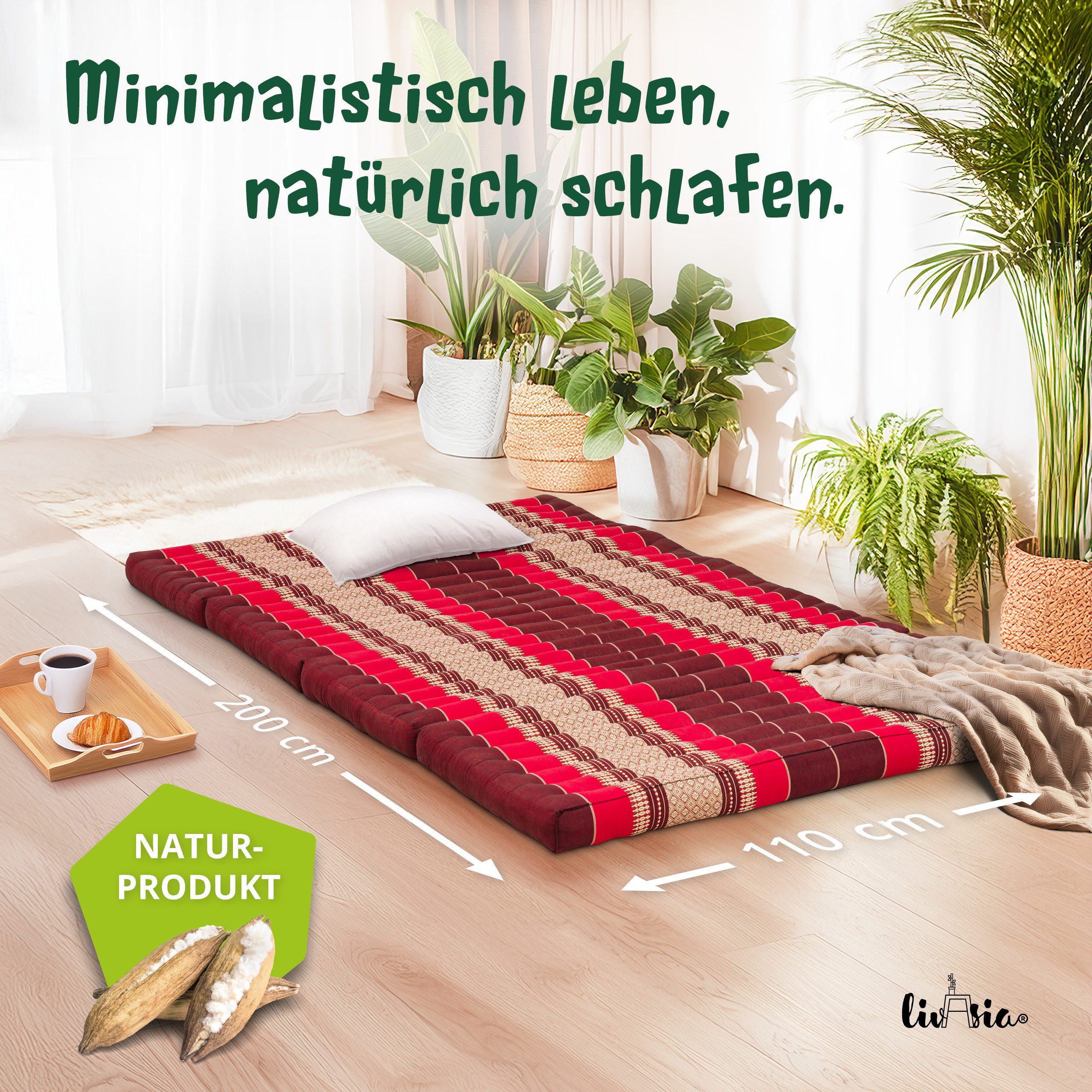 Klappmatratze Faltmatratze 110 cm breit (Classic) - 200x110x8cm -, livasia, 8 cm hoch, Kapok, vegan, handgefertigt