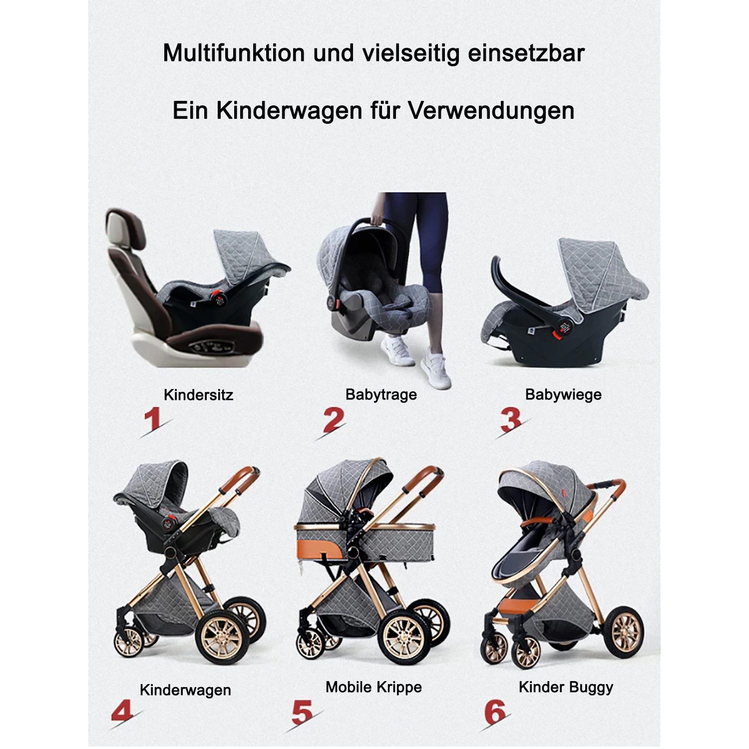 TPFFamily Kombi-Kinderwagen Babyschale Baby Buggy Babywanne Windeltasche, Moskitonetz Regenschutz Kinderwagen 3 in 1 inkl. gZubehörset Braun