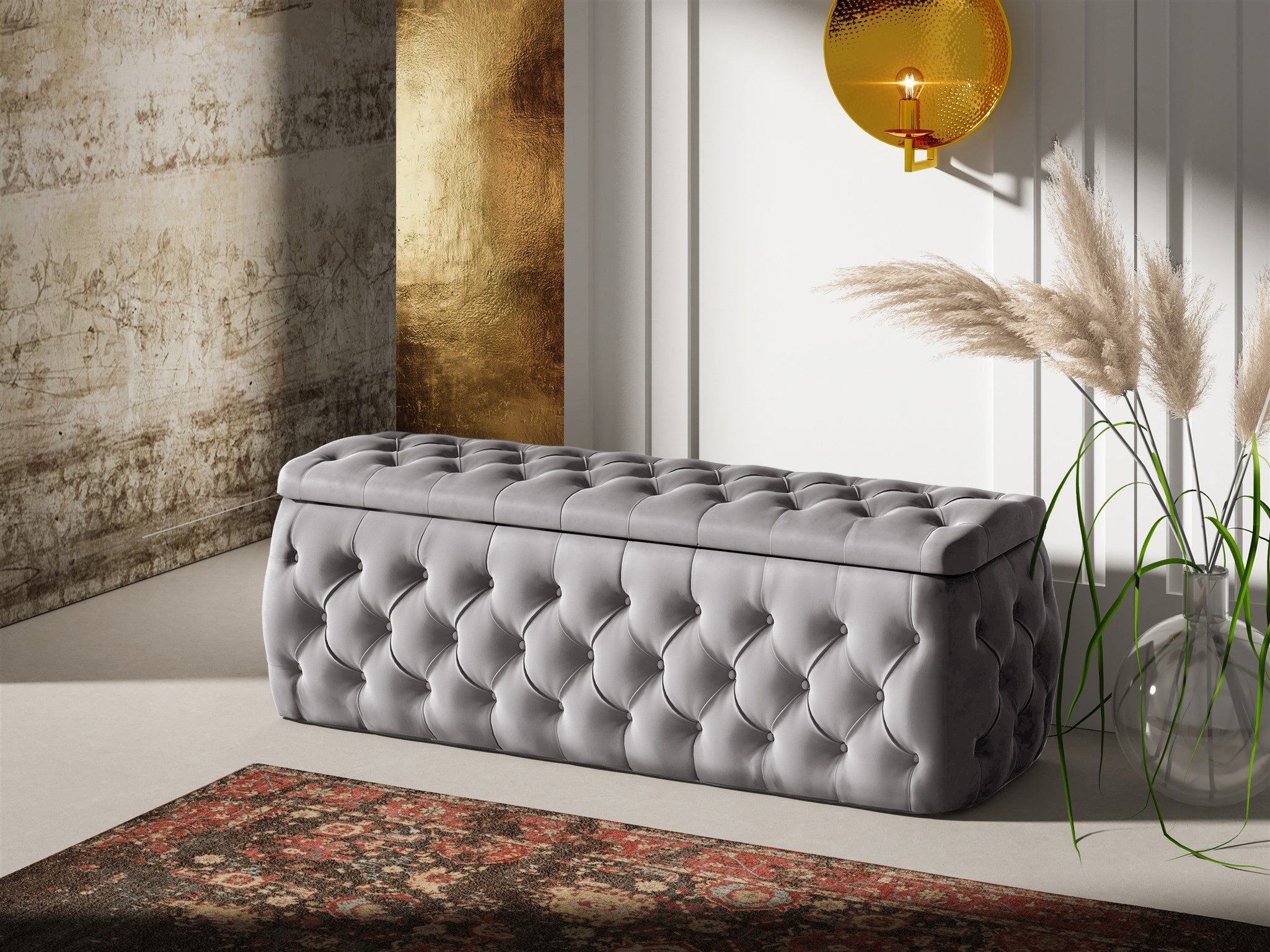 Fun Möbel Boxbett Schlafzimmerbett ERNESTO Nr.3 in Stoff Elisa Velvet (inkl. Topper, Auch mit Nachtkonsolen erhältlich), inkl. Polsterhocker, LED-Beleuchtung mit Fernbedienung