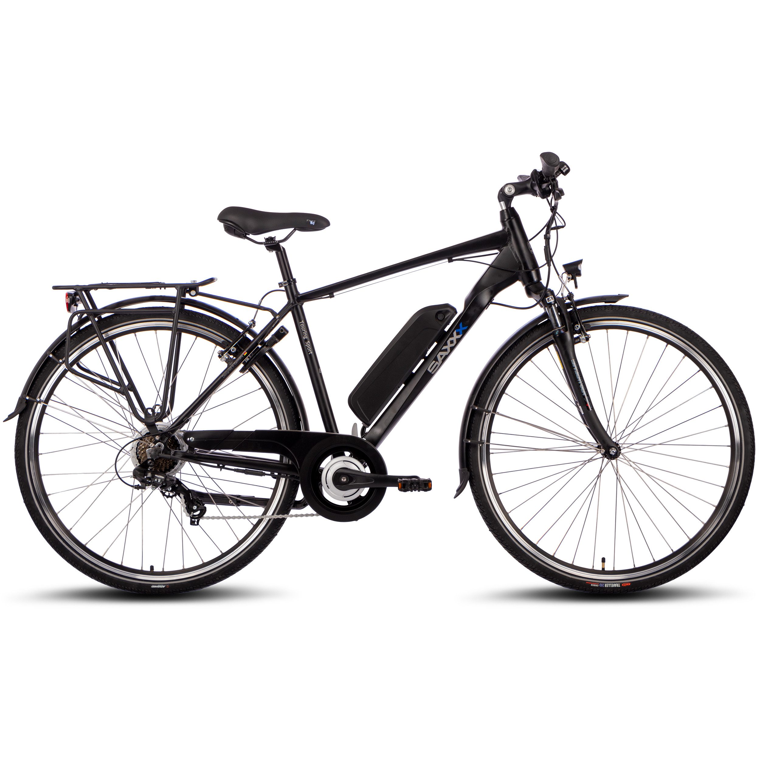 SAXXX E-Bike Trekkingrad Herren 28'' bis 130kg, TS, Reichweite 100km, Pedelec mit Federung, SHIMANO Shimano Tourney 7 Gang Kettenschaltung Schaltwerk, Hinterradmotor, 374 Wh, Akku herausnehmbar, Gepäckträger, Trekking Elektrofahrrad