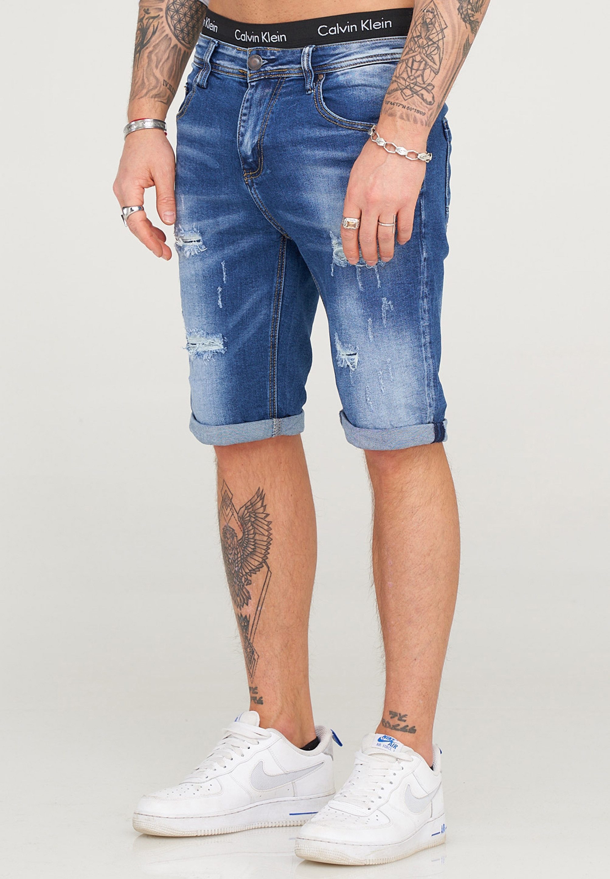 behype Jeansshorts Destroyed mit Stretch als Kurze Hose für Herren Sommer-Shorts Bermuda für Männer mit Elasthan