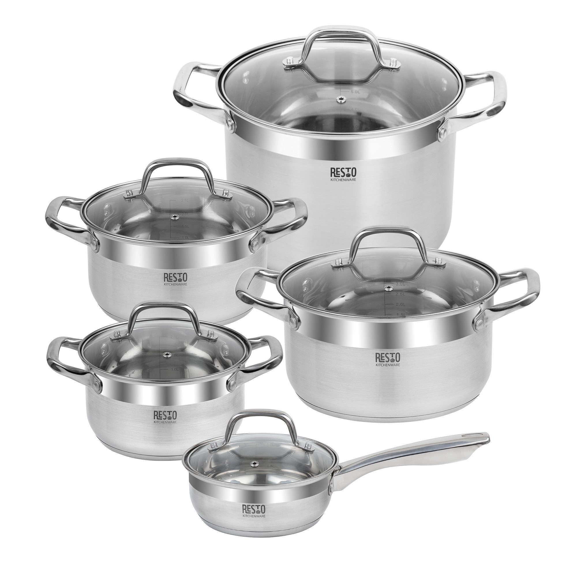 RESTO Kitchenware Topf-Set LIBRA, spülmaschinengeeignet, Edelstahl 18/10 (Set, 10-tlg., 1x Soßentopf Ø 16 cm m. Deckel, 4x Kochtopf Ø 18/20/22/24 cm m. Deckel), für alle Herdarten geeignet, auch Induktion