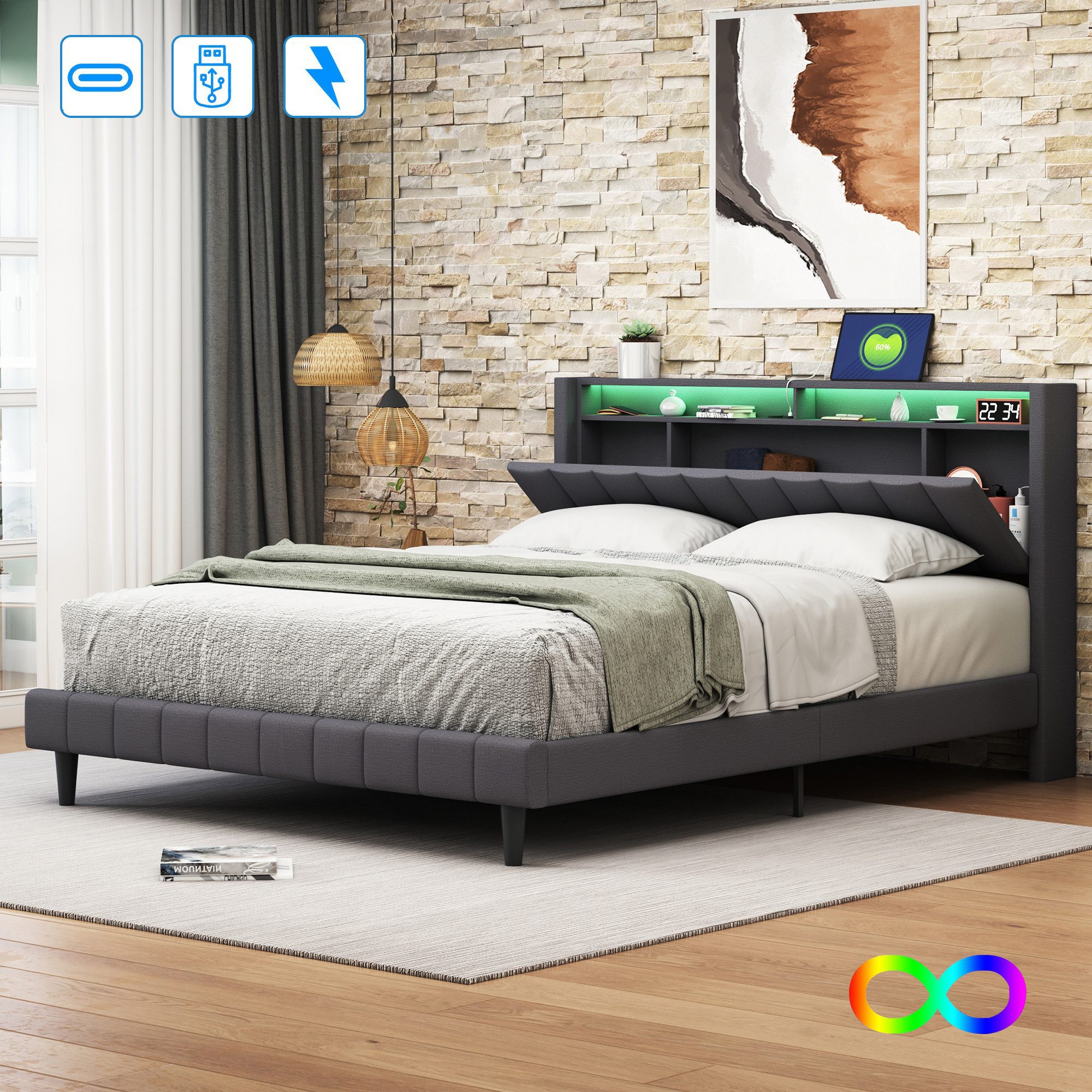 Furnishings Home Polsterbett Stauraumbett Doppelbett mit LED + Ladefunktion günstig online kaufen