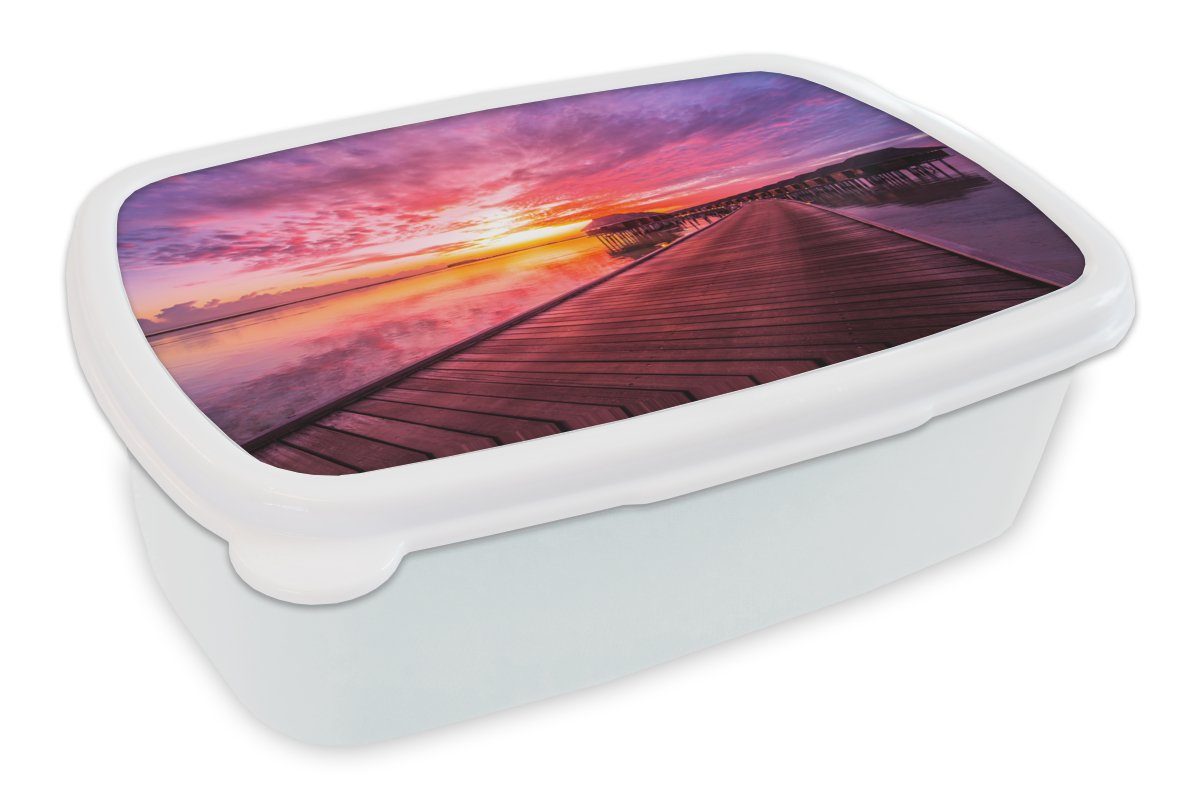 MuchoWow Lunchbox Steg - Wasser - Sonne - Rosa - Horizont, Kunststoff, (2-tlg), Brotbox für Kinder und Erwachsene, Brotdose, für Jungs und Mädchen weiß | Lunchboxen