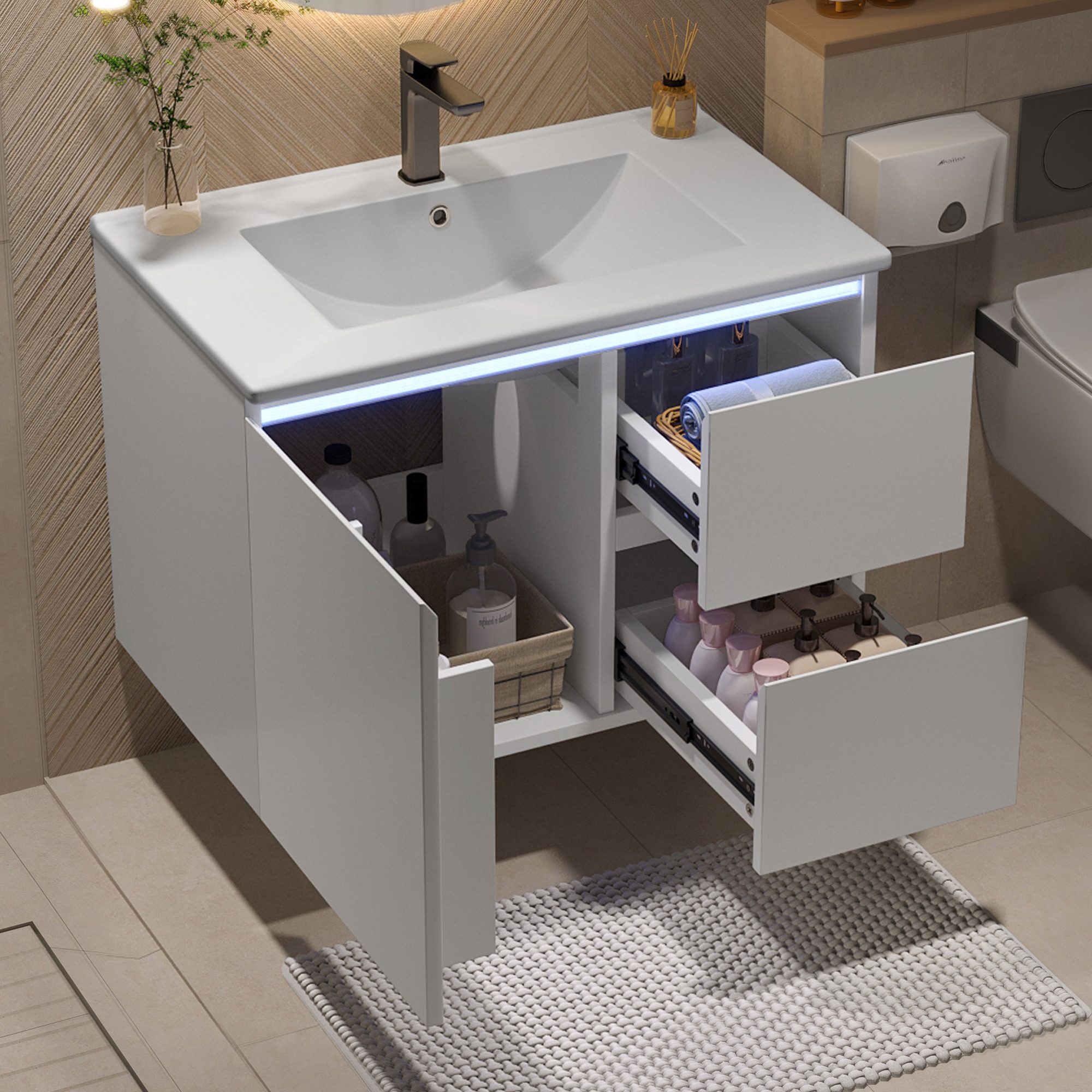 Flieks Waschtisch mit LED-Radarsensor Waschbeckenunterschrank inkl. Waschbecken (wandhängend, Badschrank mit Led-Beleuchtung Waschplatz Badzimmer, 1-St., B76/T46/H50 cm, Volllackierung), Badmöbel-Set mit Schubladen und Türablagen Badezimmerschrank Weiß