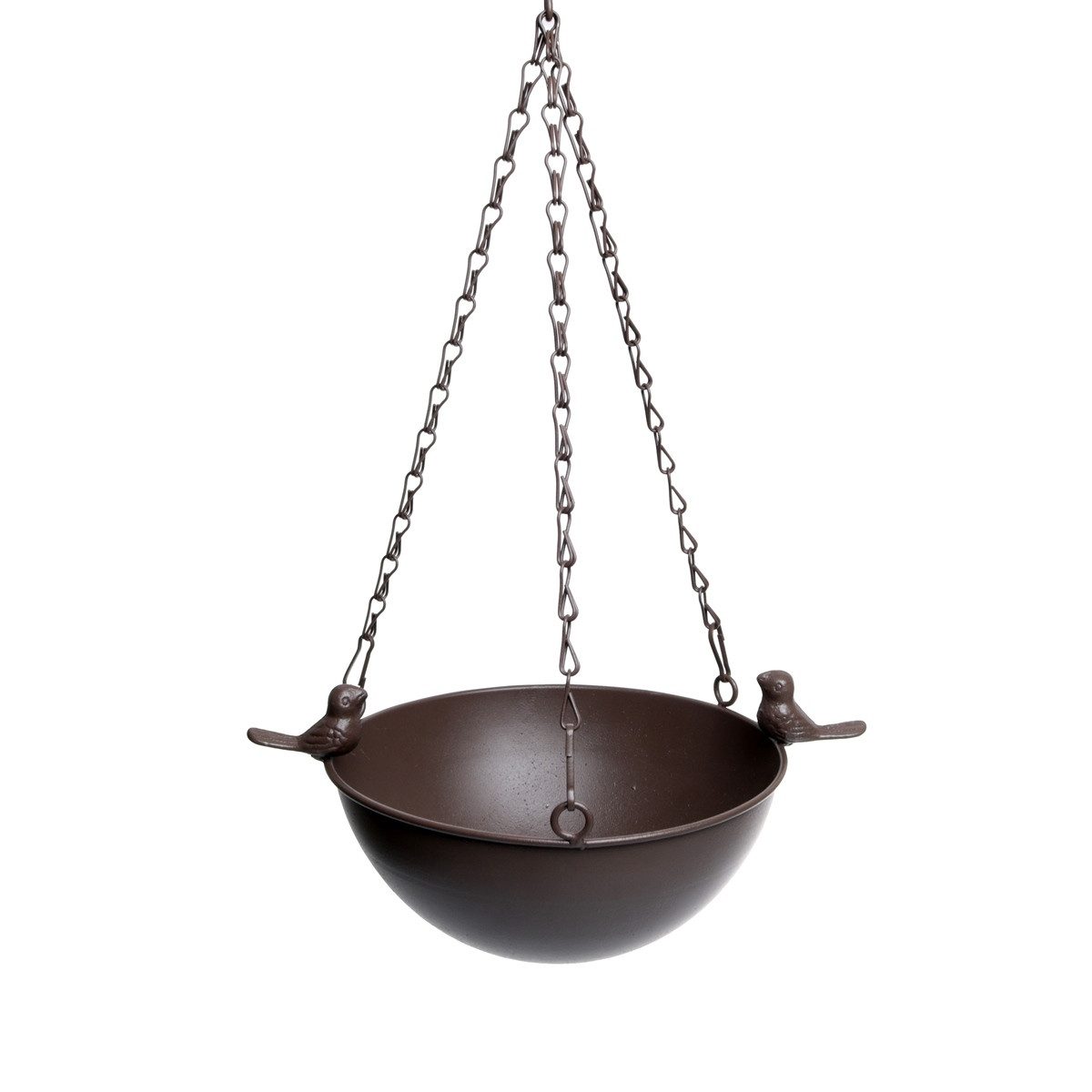 finehomegarden Vogeltränke Vogelbad „Piepmatz“ – Hängende Futterplatz aus Metall, Dunkelbraun, Gartendeko & Vogeltränke – ca. 20 x 28 x 13,5 cm + 46 cm Kette Garten