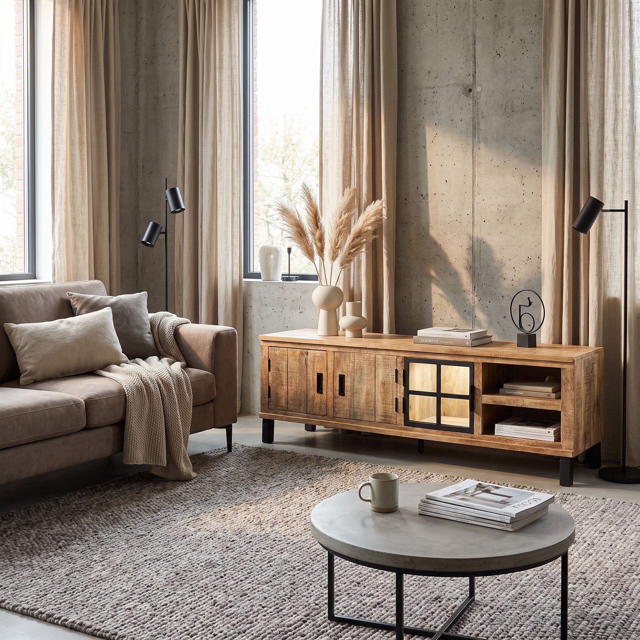 WOLF MÖBEL Sideboard (175 x 40 x 60), KALI Lowboard mit 2 Holz-/ 1 Glastür, 2 Abl., Licht