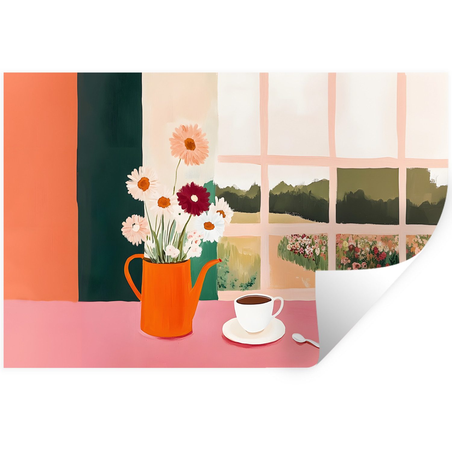 MuchoWow Wandsticker Blumen - Kaffee - Fenster (1 St), Wandtattoo, Selbstklebend, Wohnzimmer, 30x20 cm