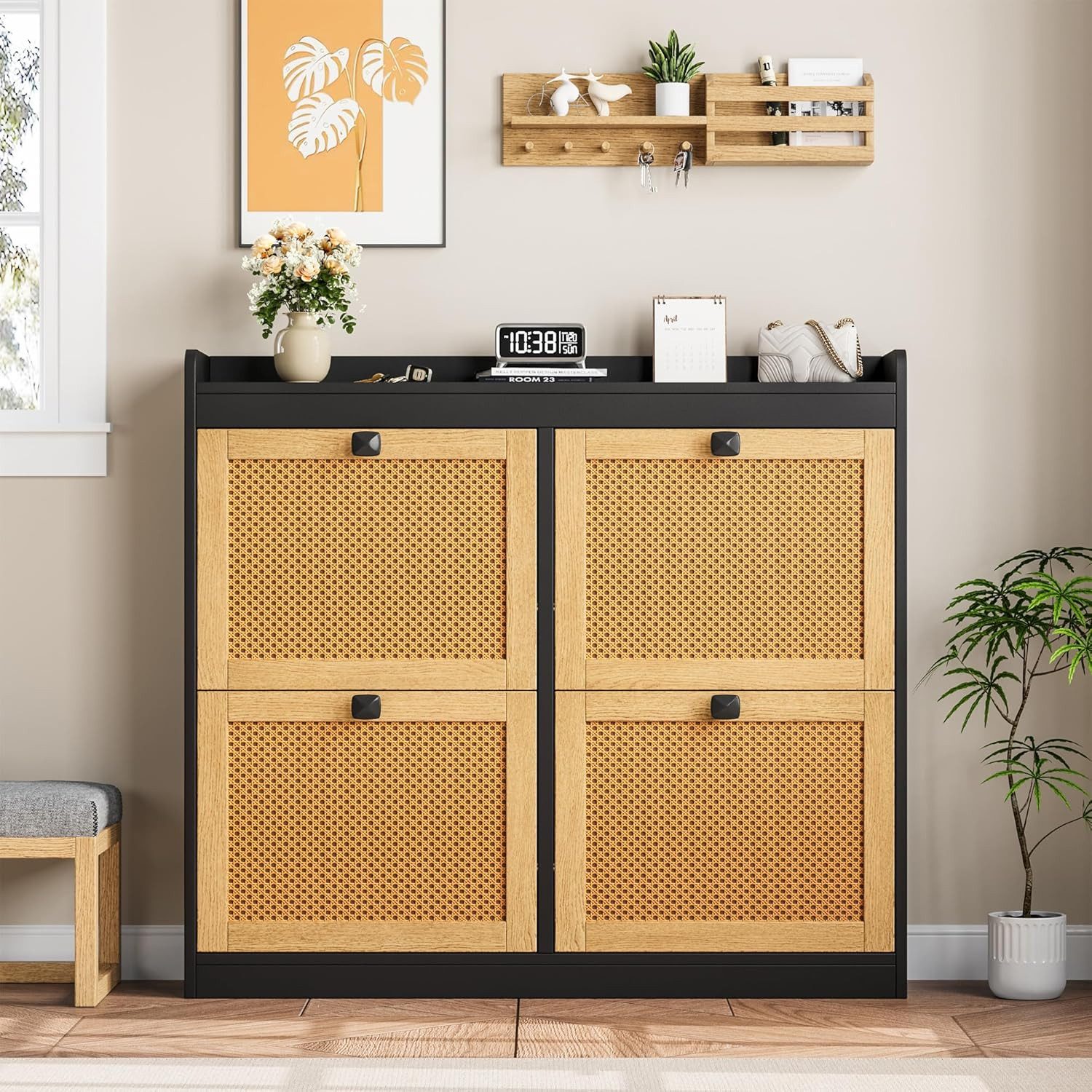 GarveeMore Schuhschrank aus Rattan mit 4 Klappschubladen für Eingangsbereich,Flur 105x23x96cm freistehender Schuhschrank aus Holz mit verstellbaren Einlegeböden – Bild 3 von 5
