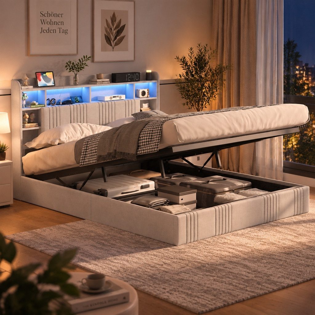 Simurq Polsterbett Doppelbett 140x200 cm Stauraumbett mit LED und USB (1 tlg, Hydraulisches Bett mit Bettkasten), Bettgestell mit Stauraum, …