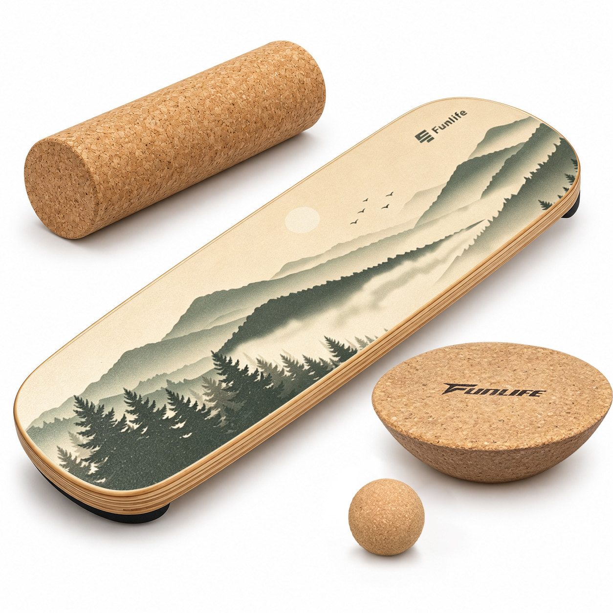 FunLife Balanceboard Design-Edition – einzeln, mit Fitnessbändern oder Balance-Zubehör, Wackelbrett aus Birkenholz mit Korkrolle, bis 150 kg belastbar