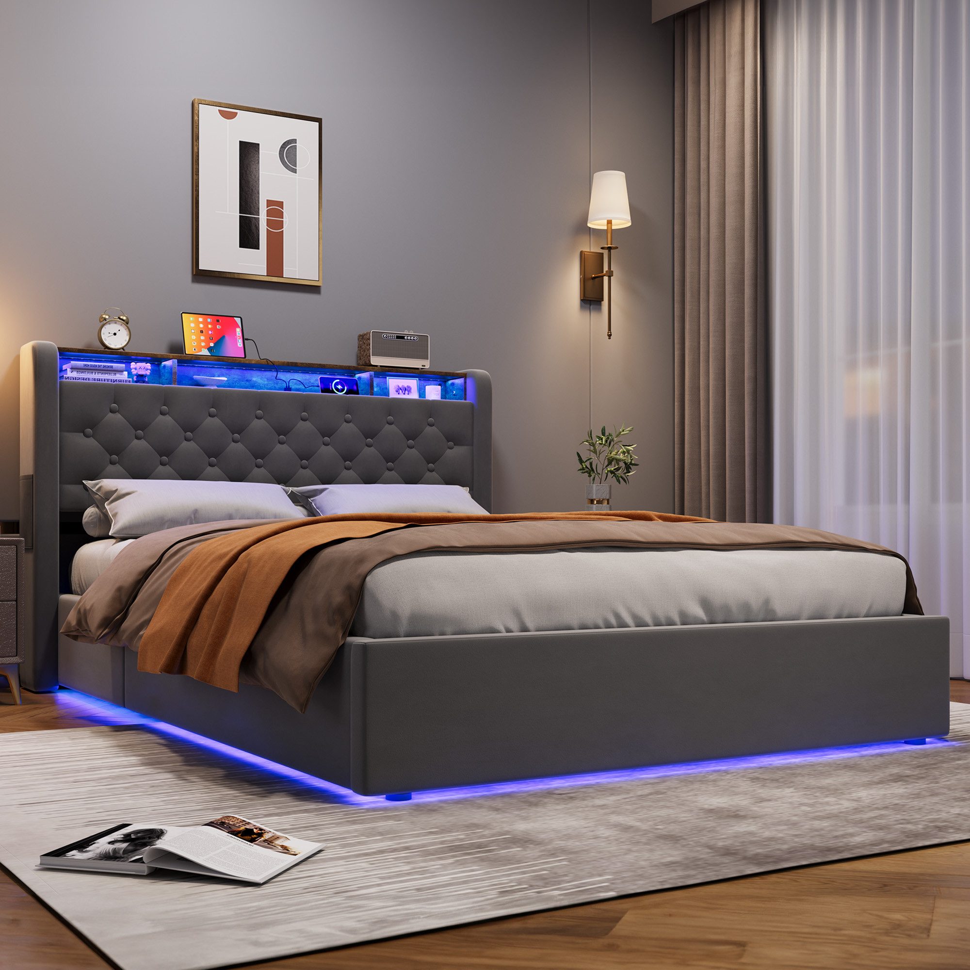 STILVORA Polsterbett 140×200 mit bettkasten,Funktionbett Jugenbett mit Stauram & Steckdose (Hochdichter Lattenrost, Metall-Querstrebe,Gepolstertes Kopfteil, Mod – Bild 3 von 5