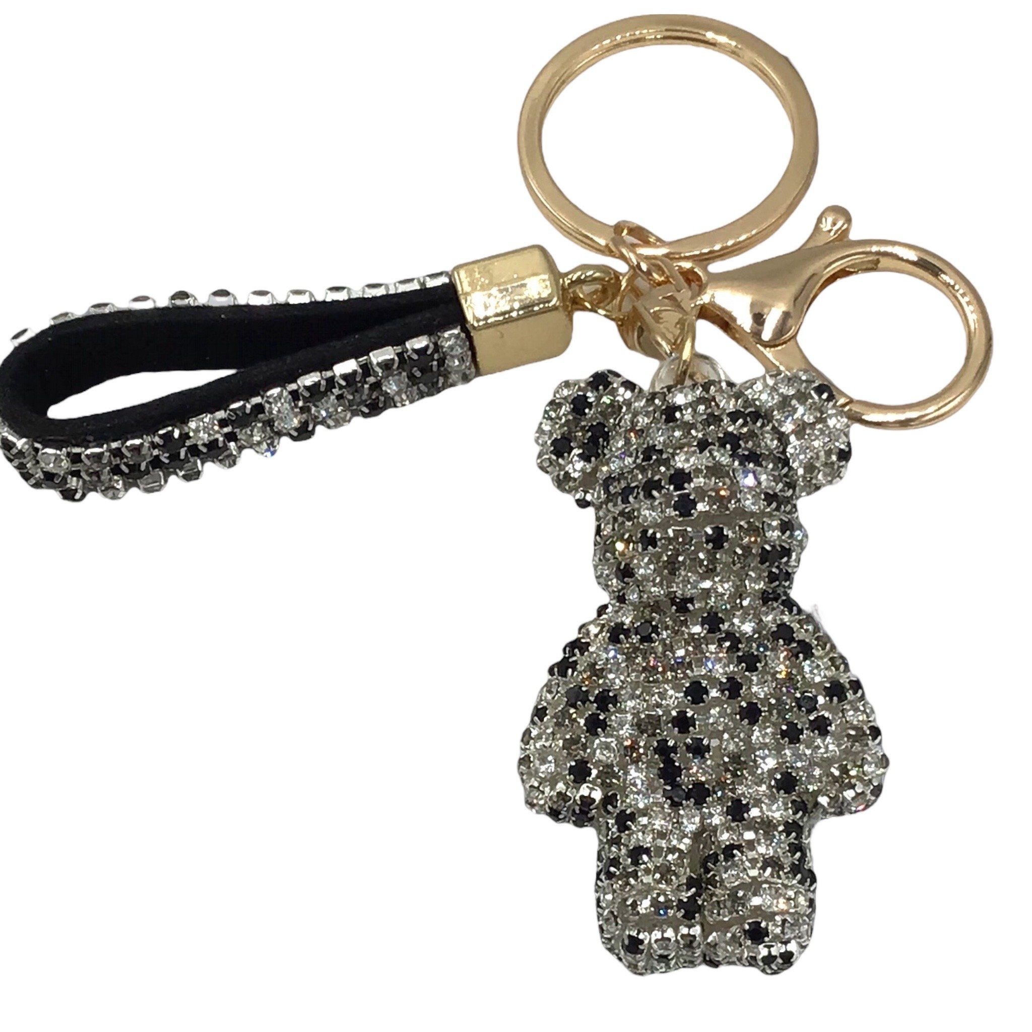 Steinfixx® Schlüsselanhänger Edler Strass Teddybär Cartoon Schlüsselanhänger mit Lederband (Teddybär Anhänger mit Schlüsselring und Karabinerhaken sowie Schlaufe), Schlüsselanhänger - Handyanhänger reich bestückt mit Rhinestones Schwarz-Weiss