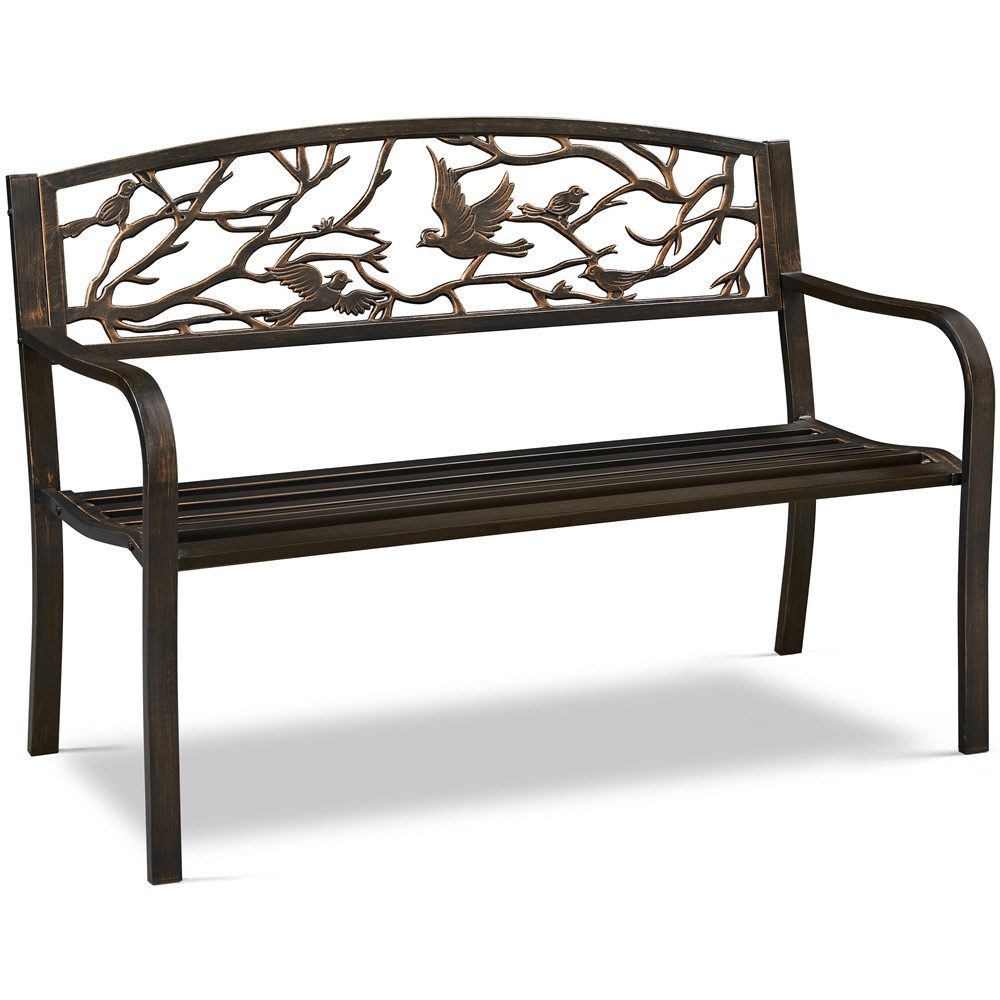 Yaheetech Gartenbank aus Pulverbeschichtetem Metall mit Vogelmuster im Vintage-Stil, 3-Sitzer-Metallbank für Garten/Terrasse/Balkon