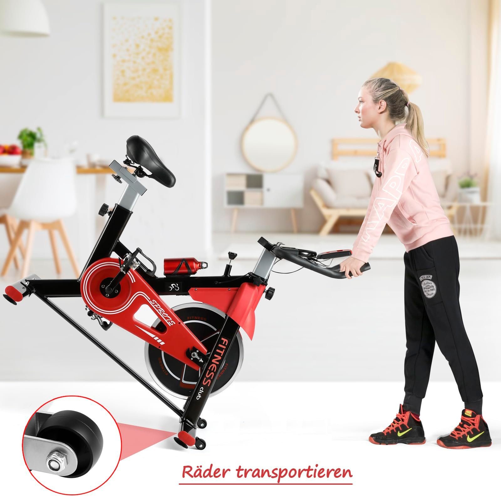 Fitnessclub Heimtrainer mit Schwungrad & 12kg & Rot Sitzhöhe, mit Cycle, Indoor einstellbare LCD-Display, Sitzhöhe einstellbare Schwungrad