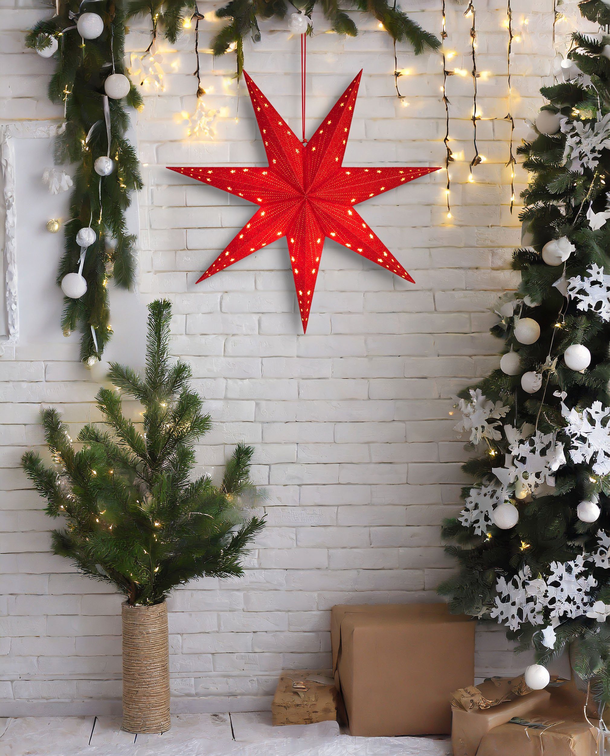 BRUBAKER LED Stern Weihnachtsstern zum Aufhängen - 60 cm Papierstern mit 7 Spitzen, Batteriebetrieben, Hängend und Beleuchtet, LED fest integriert, Warmweiß, 3D Adventsstern - Fenster Deko Leuchtstern