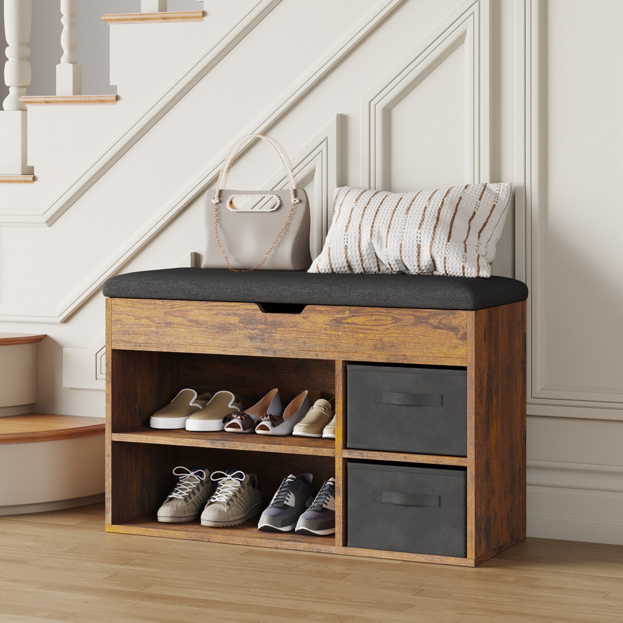 Mondeer Schuhbank Schuhhocker (80 x 48 x 30 cm), Holzschuhablage mit Stoffschublade und aufklappbarem Sitzfläche – Bild 2 von 5