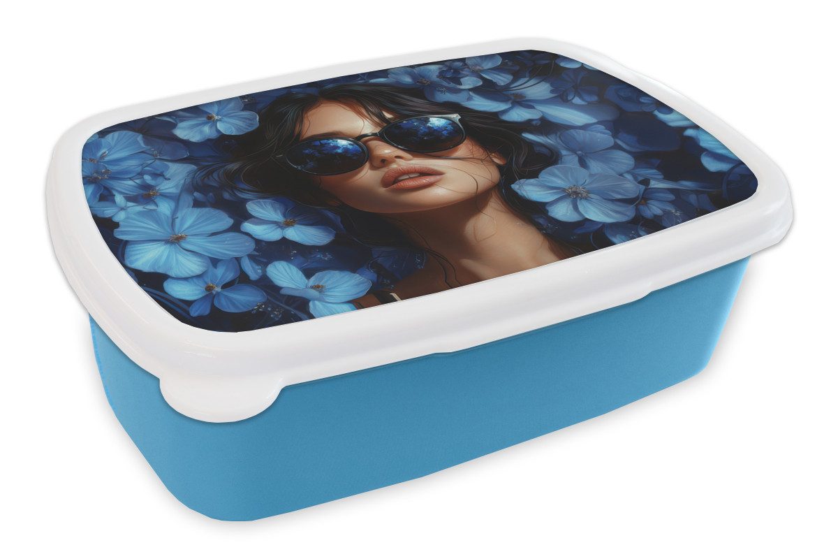 MuchoWow Lunchbox Frau - Blau - Blumen - Schmetterlinge - Natur, Kunststoff, (2-tlg), Brotdose, Lunchbox, Brotbox für Kinder und Erwachsene
