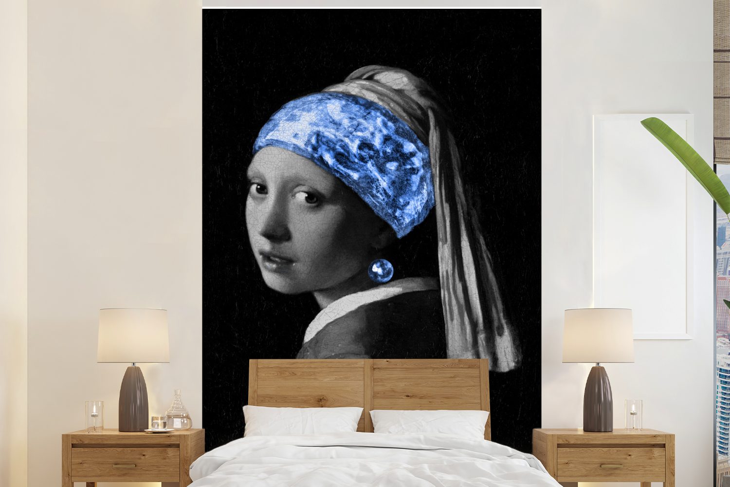 MuchoWow Fototapete Mädchen mit einem Perlenohrring - Johannes Vermeer - Blau, Matt, bedruckt, (3 St), Montagefertig Vinyl Tapete für Wohnzimmer, Wandtapete