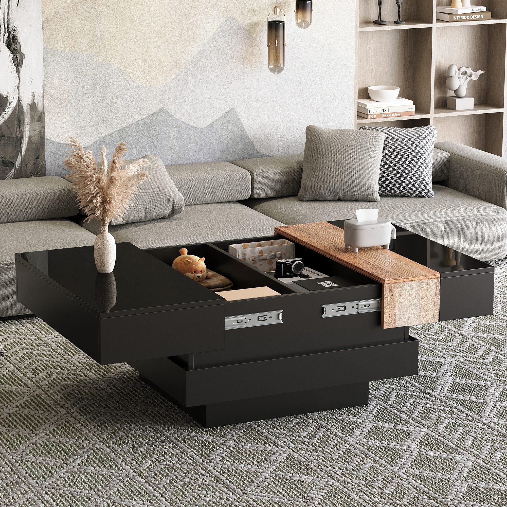 Merax Couchtisch Hochglanz Sofatisch Beistelltisch in Weiß/Schwarz & Holzoptik (1-St., 70×70×39 cm), Wohnzimmertisch mit ausziehbarer Tischplatte & verstecktem Stauraum