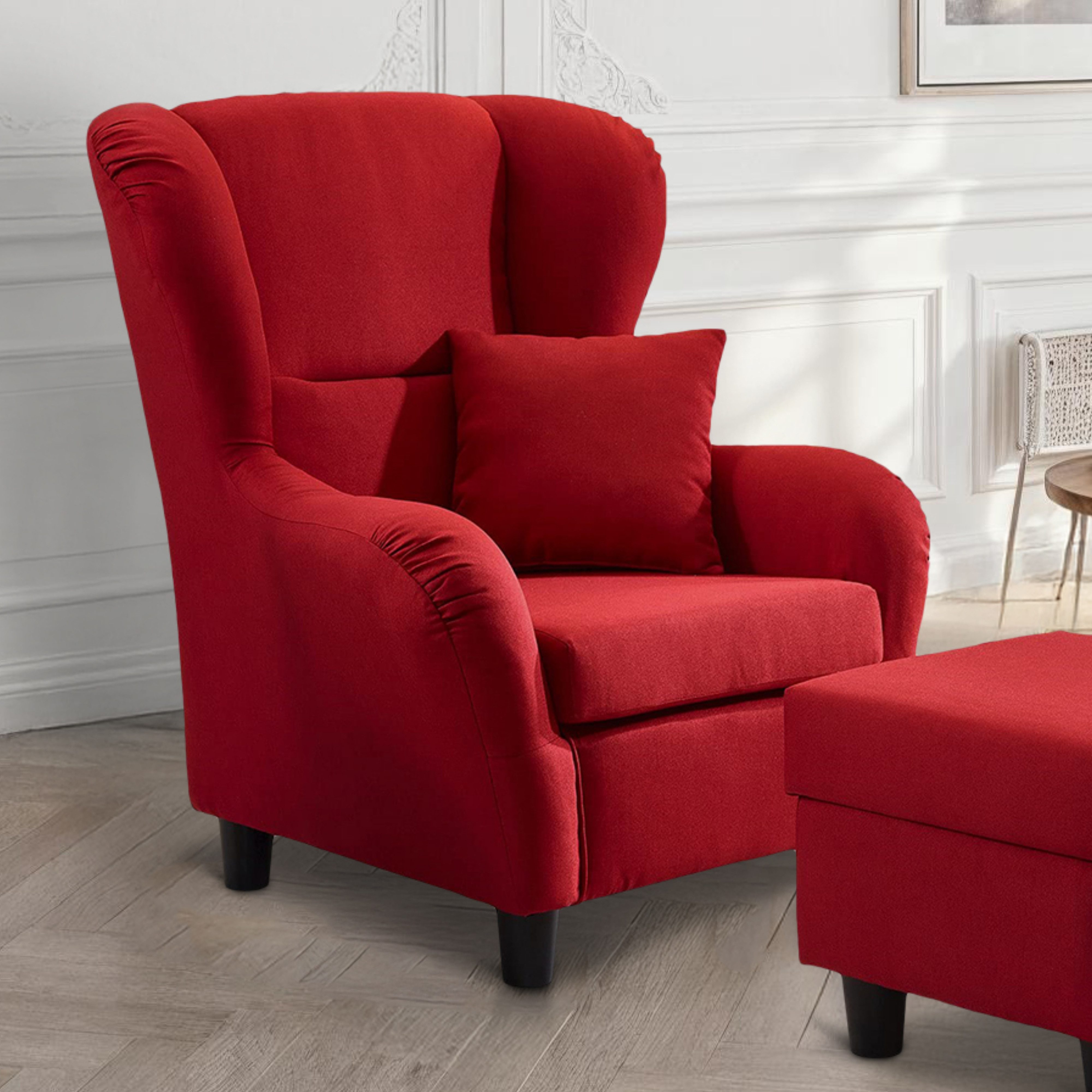 luma-home Ohrensessel 18002 (mit Hocker und Zierkissen, Wellenunterfederung, B90/H98/T76 cm), Lesesessel mit Echtholzfüßen, Bezug Strukturstoff in Rot