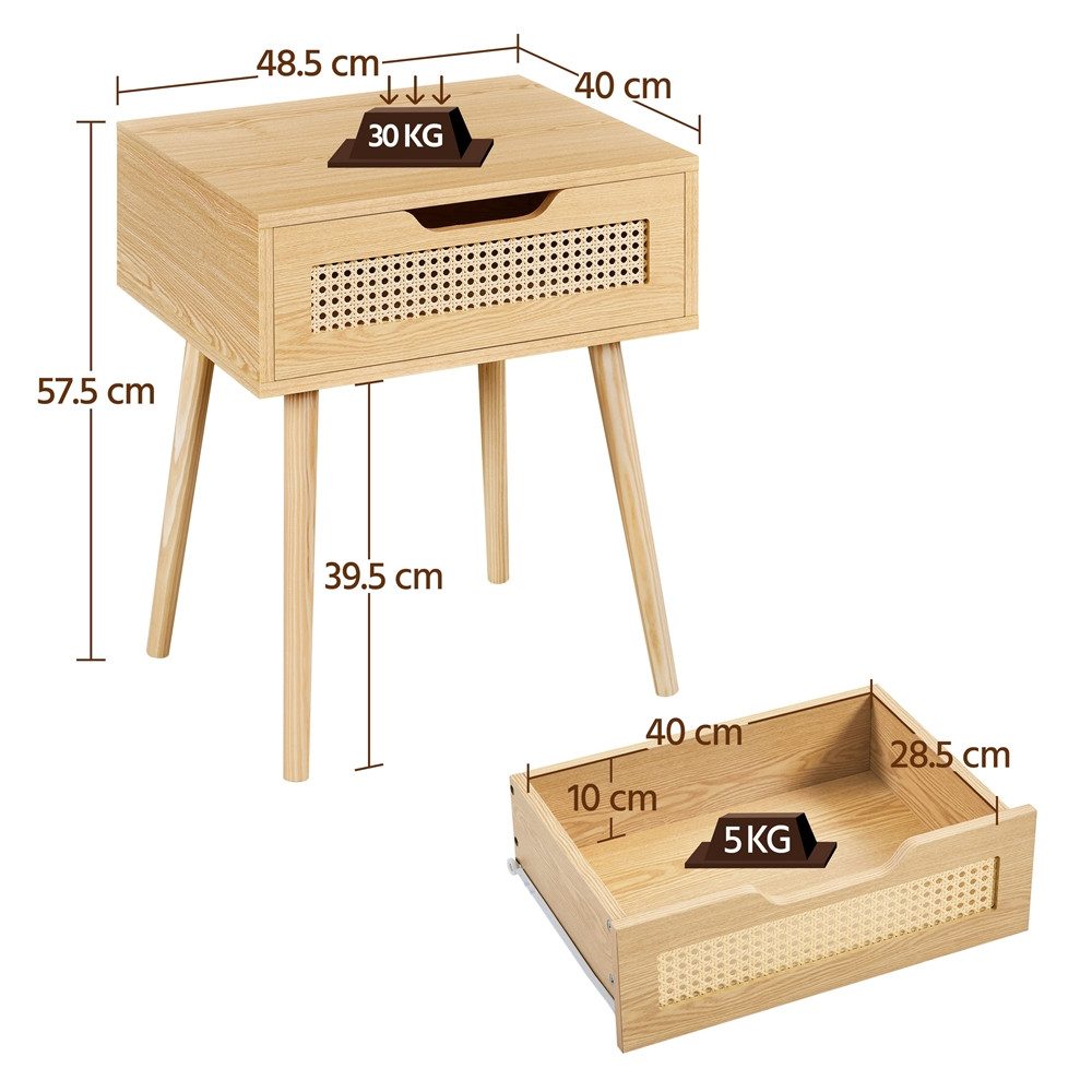 Yaheetech Nachttisch Ratten Beistelltisch (1-St), Nachtkommode mit 1 Schublade Holzbeine, 48,5 × 40 × 57,5 cm