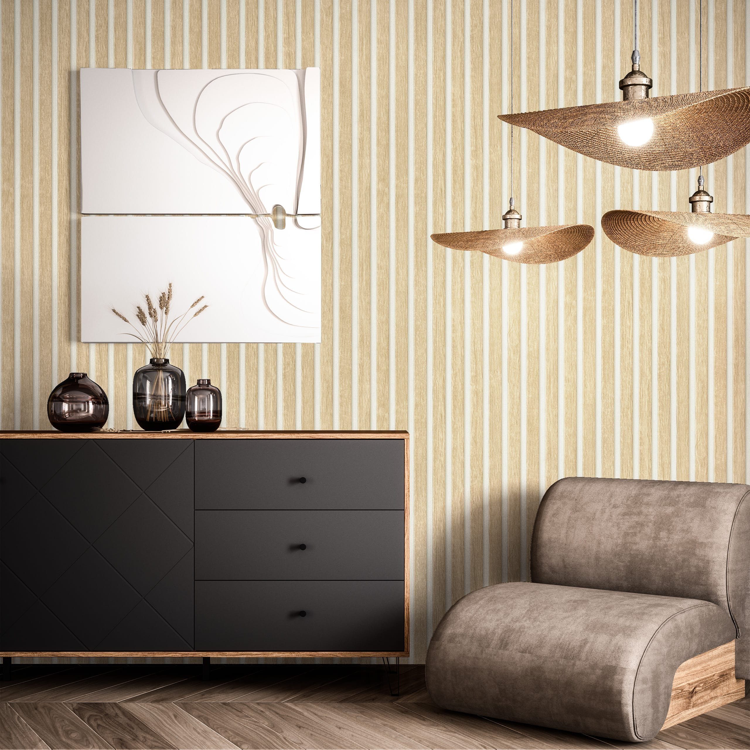 Newroom Vliestapete Barcley Nature Light Tapete Holzwandpaneele Paneele,Lamelle, Beige Tapete Skandinavisch Paneele - Holzwandpaneele Wandpaneele Creme Weiß Mod – Bild 5 von 5