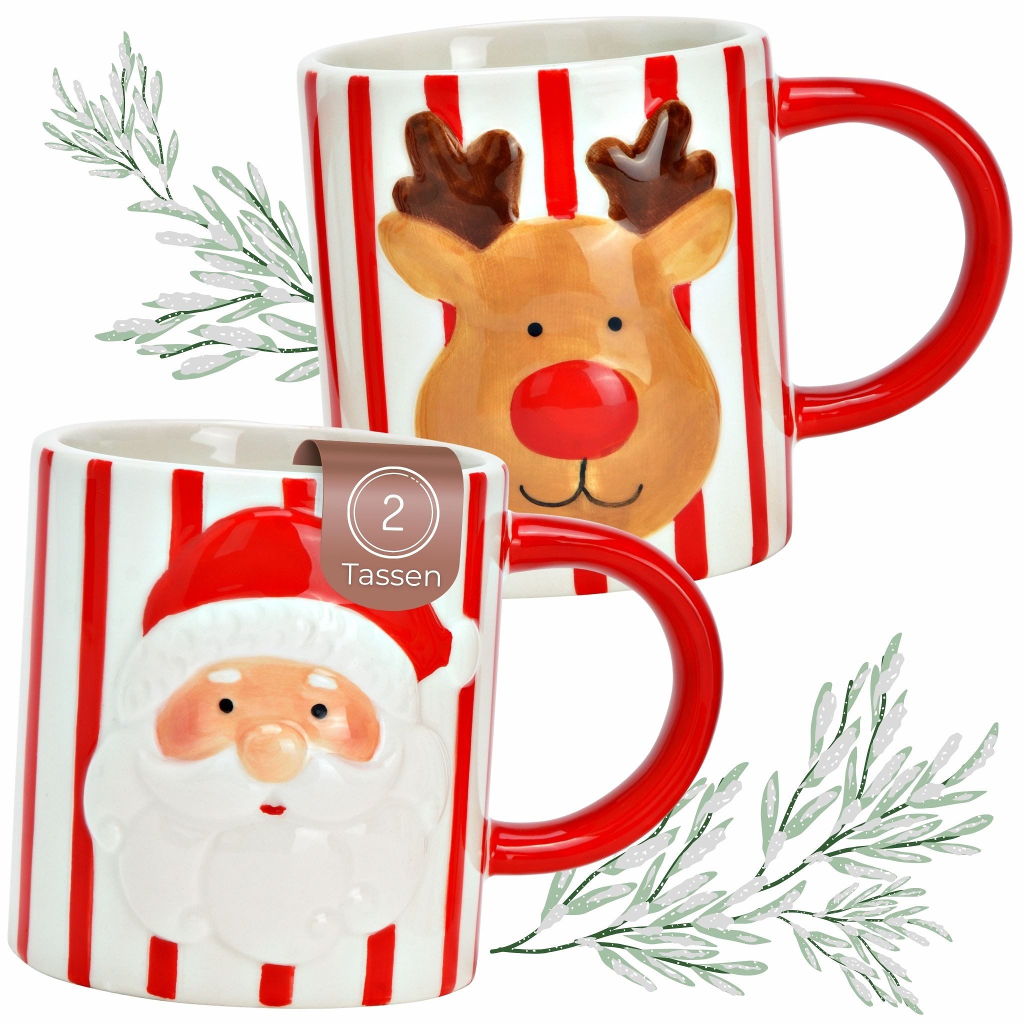 matches21 HOME & HOBBY Tasse Kaffeetassen 2er Set mit Nikolaus, Elch & Streifen rot-weiß, 2-tlg., Keramik, Weihnachts-Tassen aus Keramik 350 ml