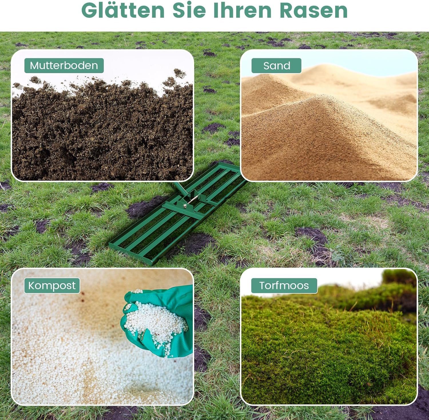 KOMFOTTEU Rasenrechen Nivellierrechen Gartenrechen, mit 170 cm ergonomischem Griff, 106 x 25cm