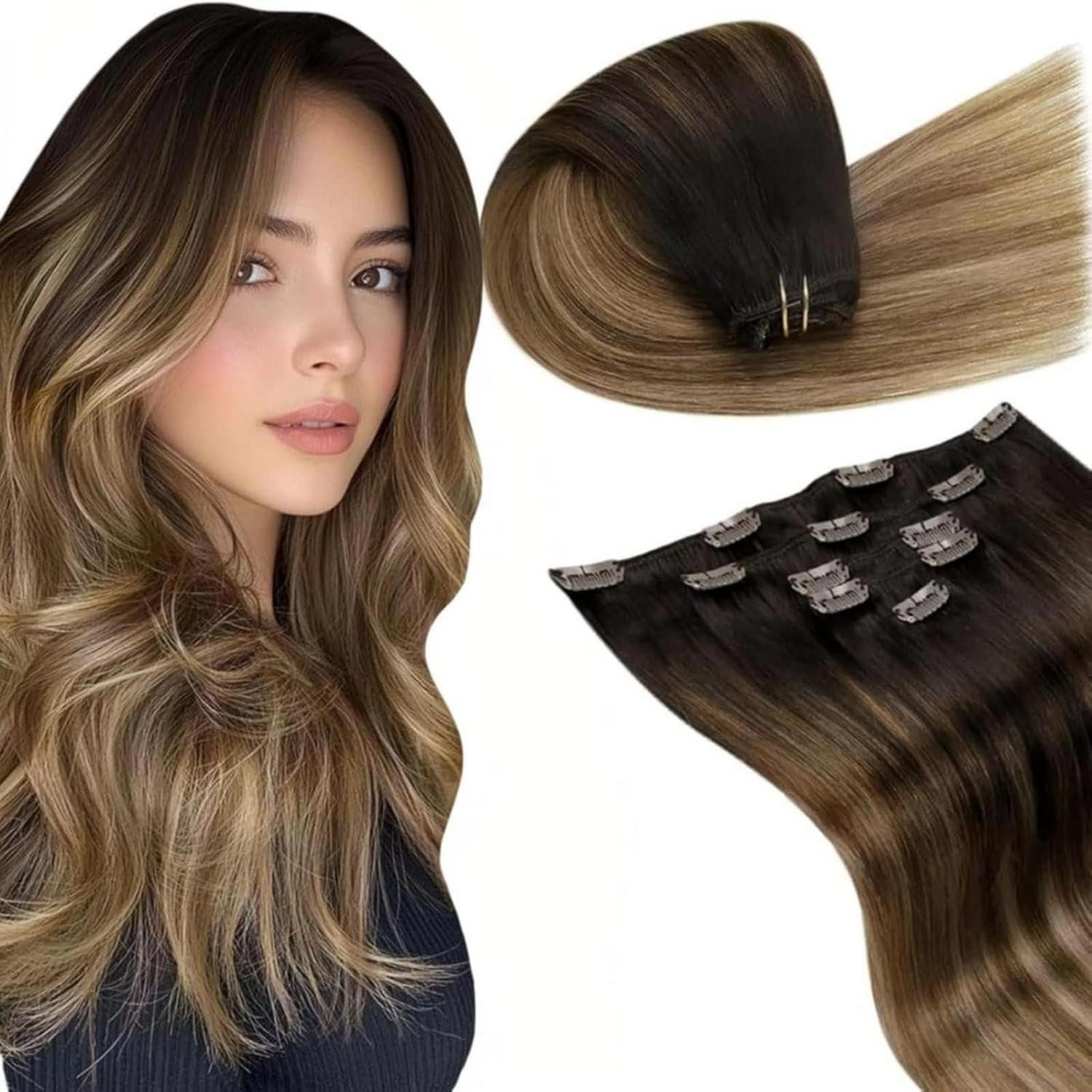 Echthaar-Extension Extensions Clip in Echthaar Remy Balayage Ombre 30cm-5PCS 3.3#2 6 18