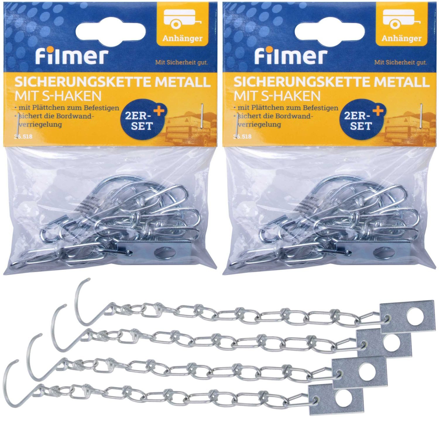 Diedrich Filmer GmbH PKW-Anhänger 4x Sicherungskette 24cm mit Haken + Platte, Set, 4-tlg., 4x Sicherungskette, Bordwandverschluss Kette Anhänger Verschluss Bordwand Hänger Riegel
