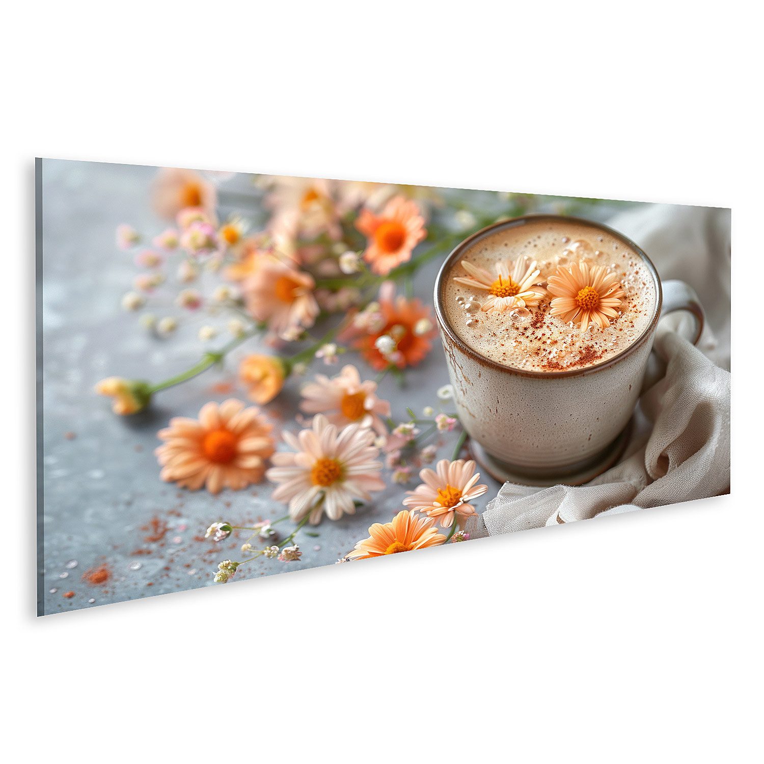 islandburner Leinwandbild Florale Latte Art: Zarte Blumenmuster auf cremigem Espresso-Hintergrun