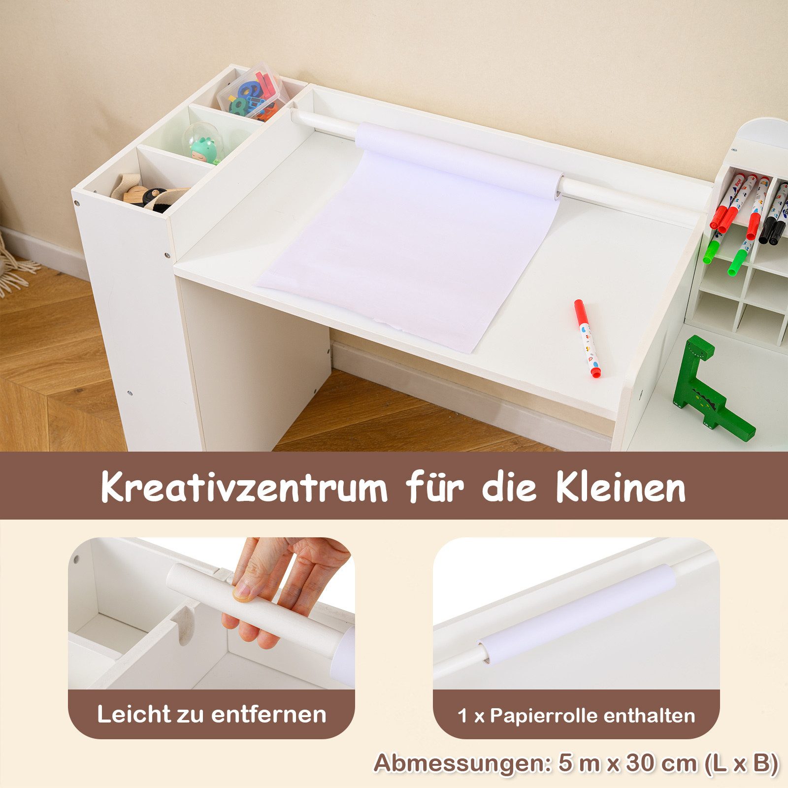 COSTWAY Kinderschreibtisch, Kinder Schreibtisch Set mit abnehmbarem Papierrollenhalter