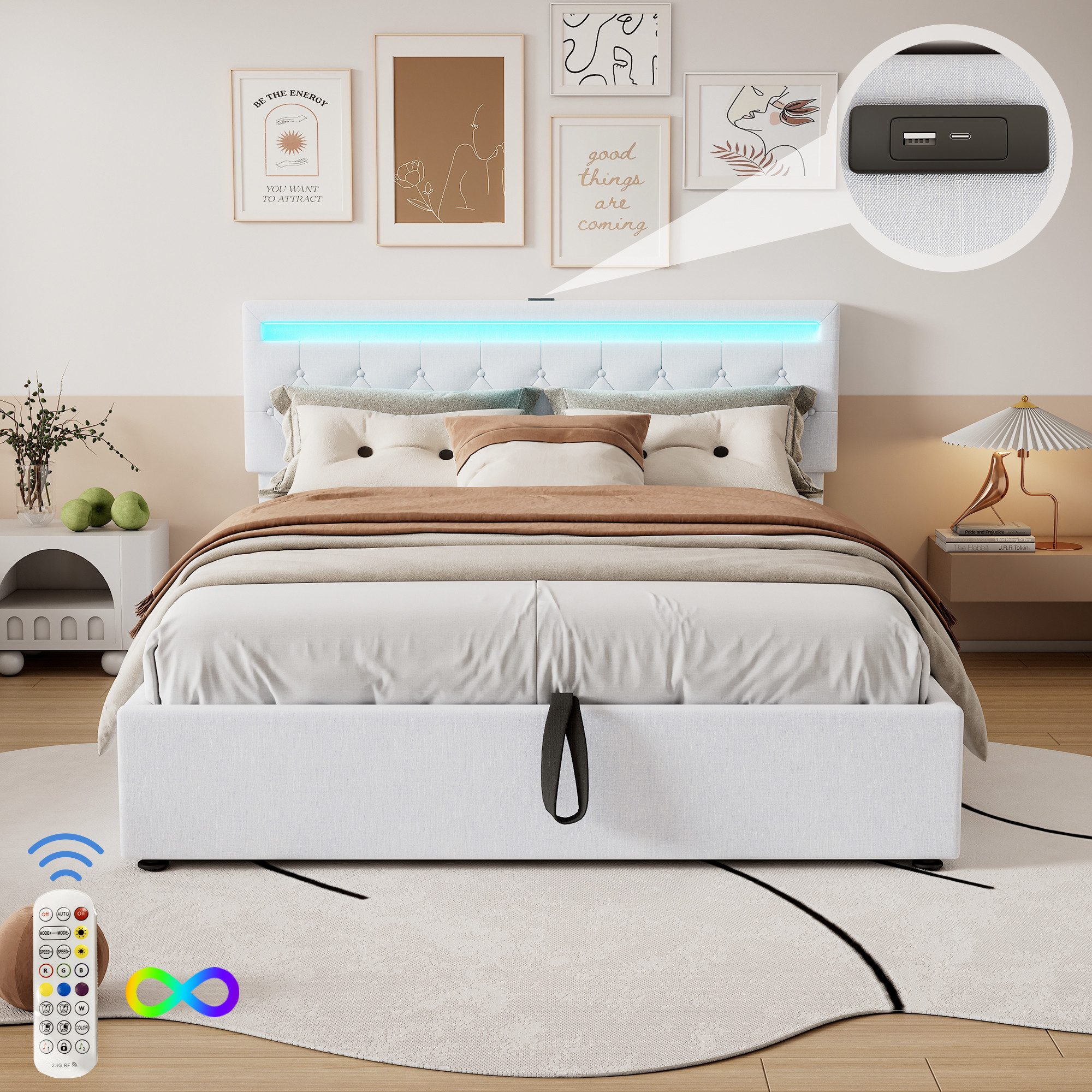 Flieks Polsterbett, LED Hydraulisches Doppelbett 160x200cm günstig online kaufen