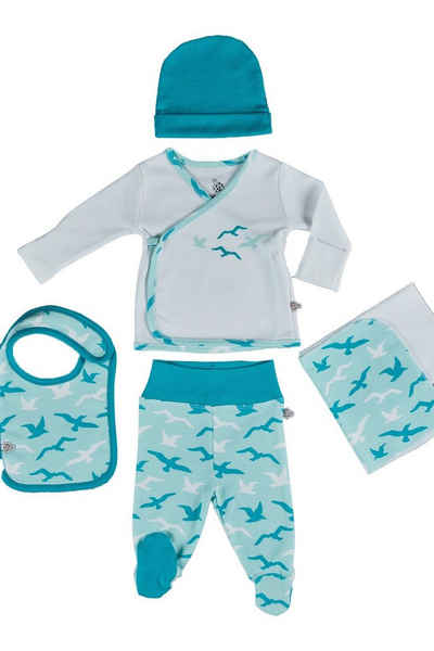 Ecocotton Erstausstattungspaket Baby Set TURNA Weiß/Türkis, 100% Bio Baumwolle (5-teilig) (Set, Jacke, Mütze, Lätzchen, Spucktuch, Hose) Bio-Baumwolle mit niedlichem Design