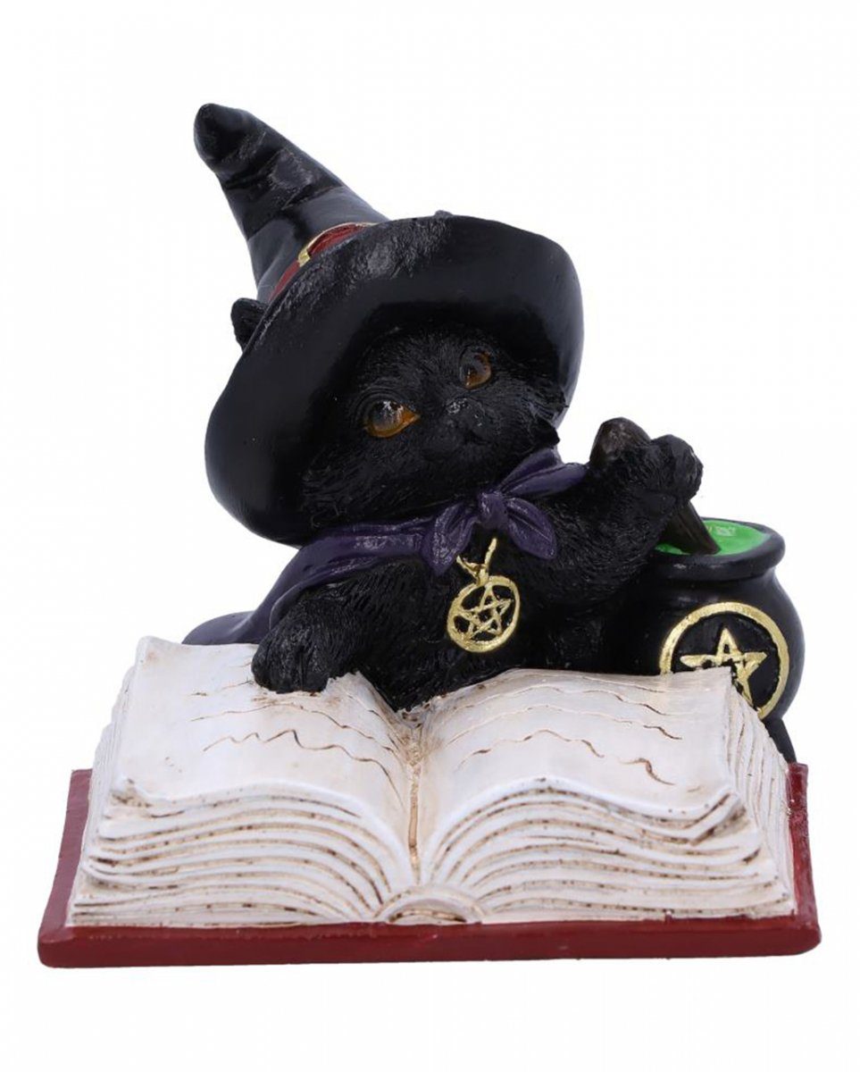 Dekofigur Schwarzes Hexenkätzchen mit Hexenkessel & Zauberbu