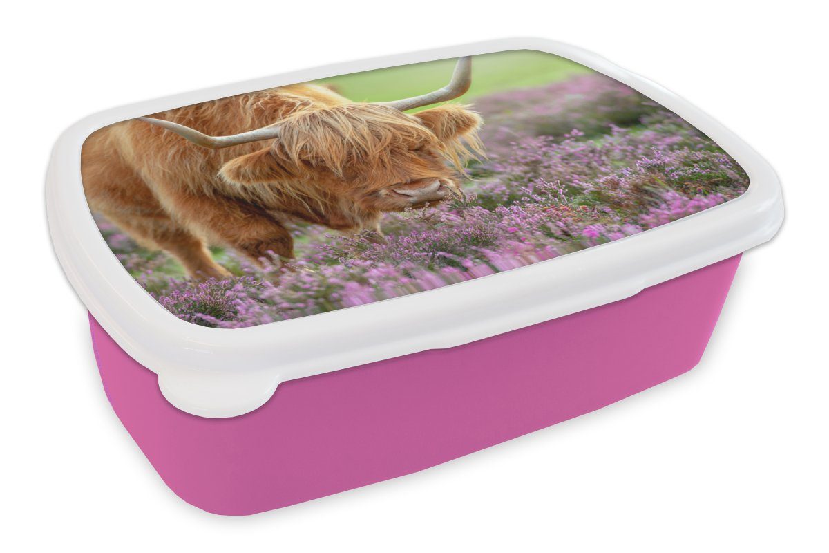 MuchoWow Lunchbox Schottischer Highlander - Lila - Blumen, Kunststoff, (2-tlg), Brotbox für Erwachsene, Brotdose Kinder, Snackbox, Mädchen, Kunststoff rosa