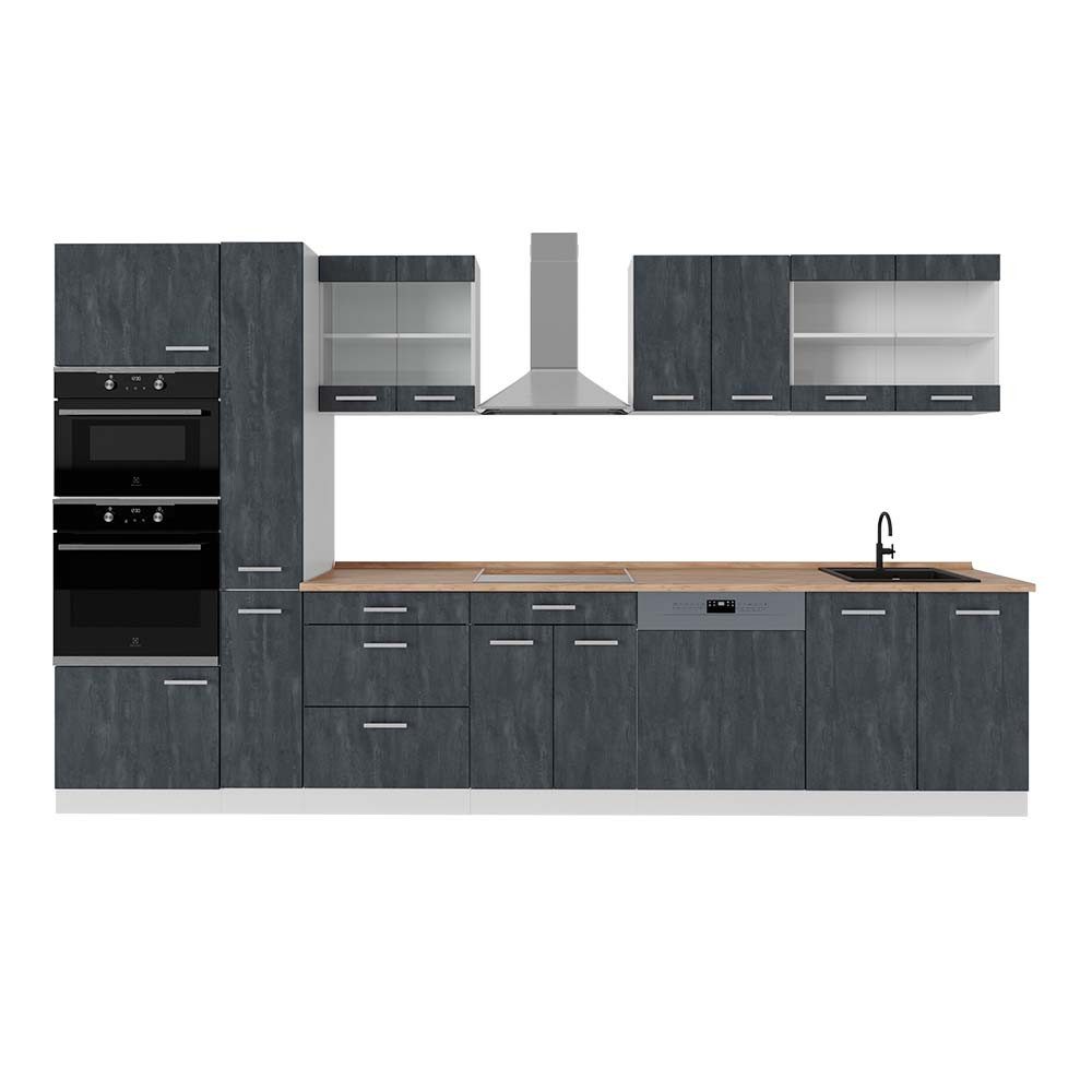 Vicco Küchenzeile R-Line, Schwarz Beton/Weiß, 350 cm AP Eiche