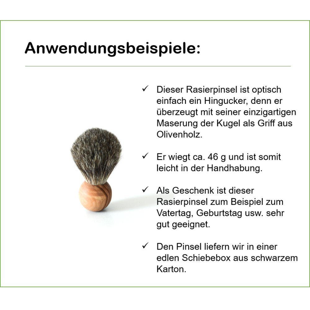 Olivenholz-erleben Rasierpinsel Rasierpinsel 1 tlg., RONDO nachhaltig Dachshaar, mit dekorativ, echtem