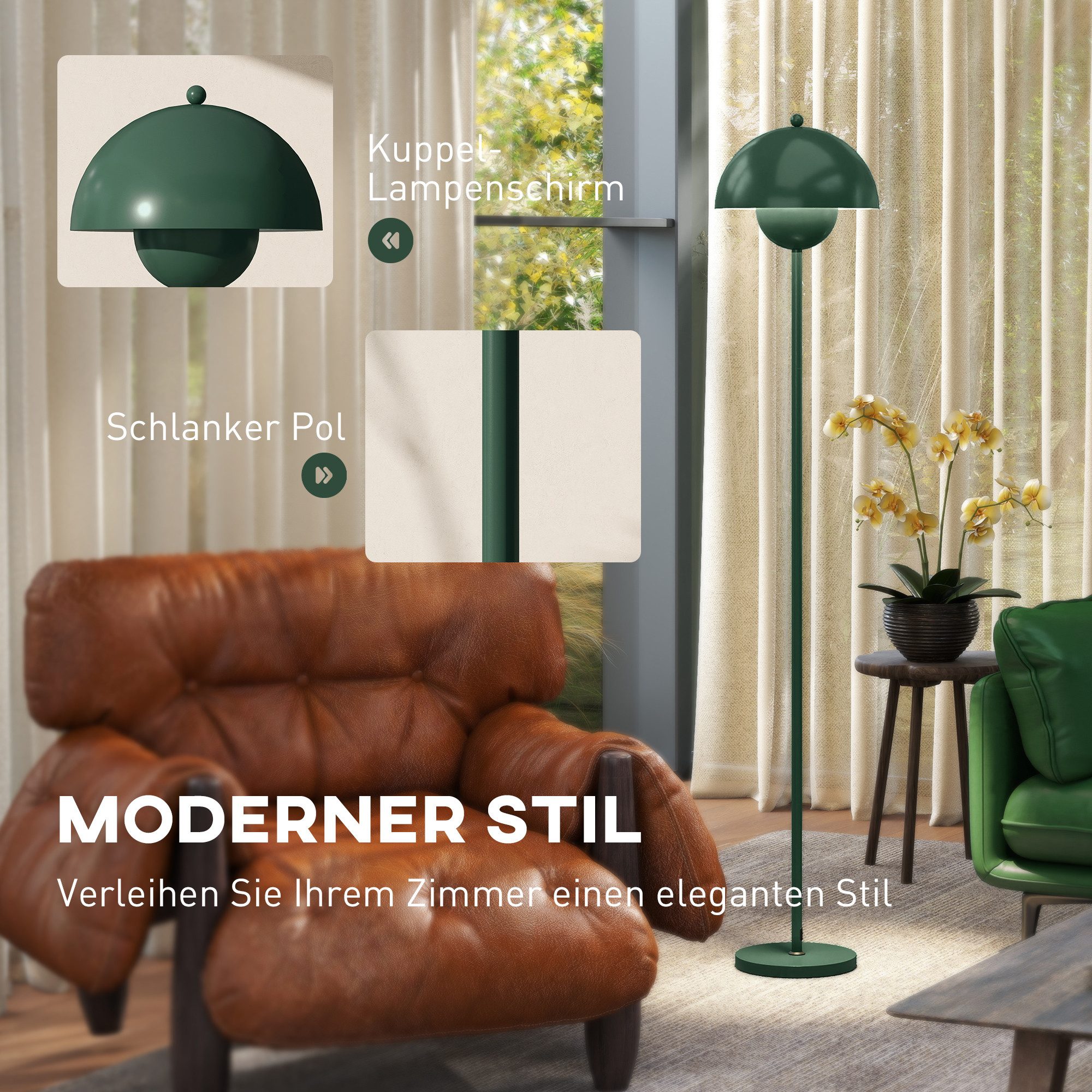 HOMCOM Stehlampe Wohnzimmer Stehleuchte mit rundem Schirm, Fußschalter E27 Fassung, Fußschalter, reflektierender Lampenschirm, ohne Leutchmittel, Fußschalter fü – Bild 4 von 5