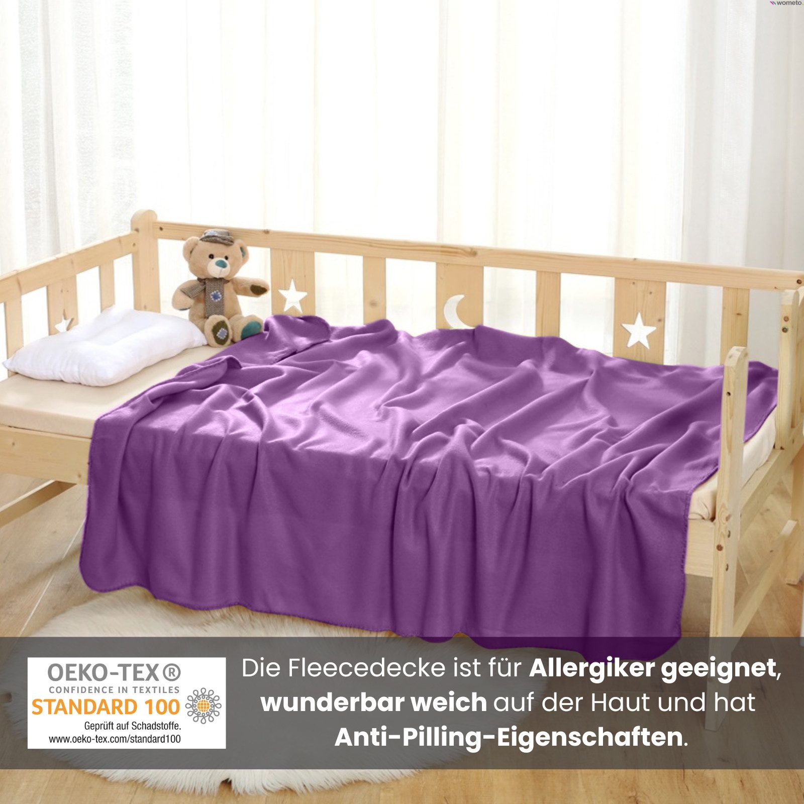 Wohndecke Polar-Fleece ca. 130x160, wometo, OEKO-TEX®, Fleecedecke mit Kettel-Einfassung & Anti-Pilling