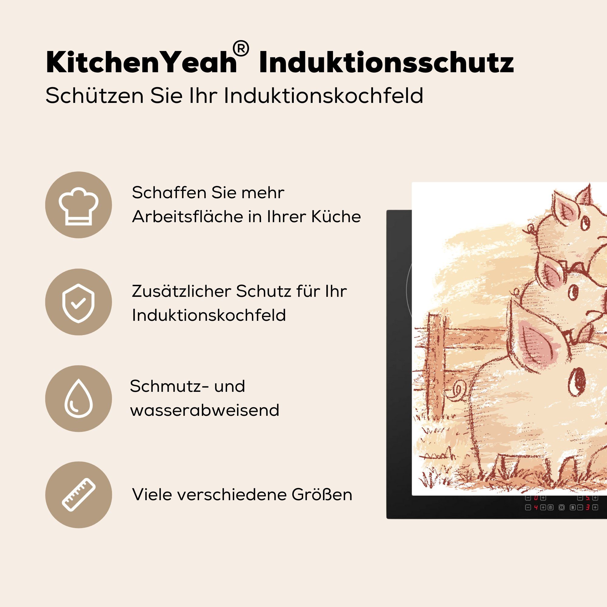 Eine Ceranfeldabdeckung, Illustration Arbeitsplatte mit Ferkeln, eines für cm, (1 78x78 Herdblende-/Abdeckplatte zwei Vinyl, küche MuchoWow Schweins tlg),