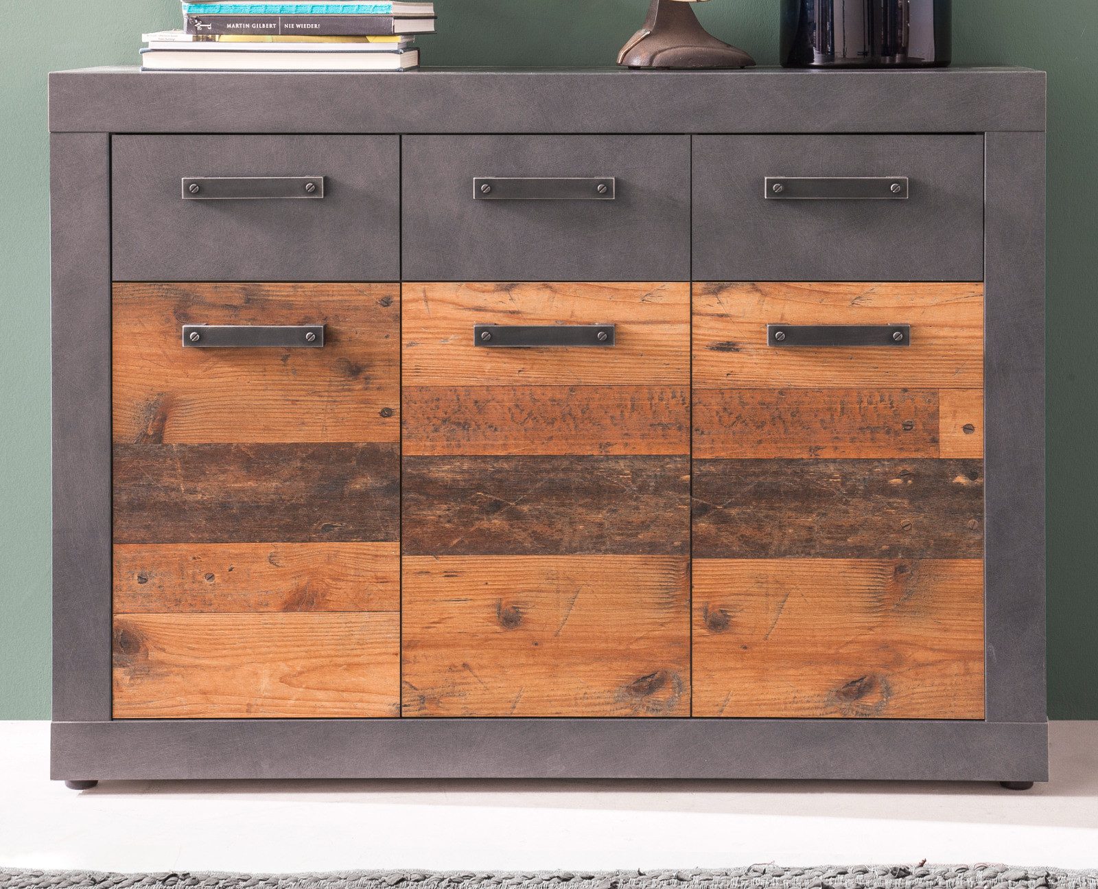 trendteam Kommode Indy (Sideboard in Used Wood Altholz und Grau, 3-türig, 117 x 86 cm), mit 6 Fächern und 3 Schubladen