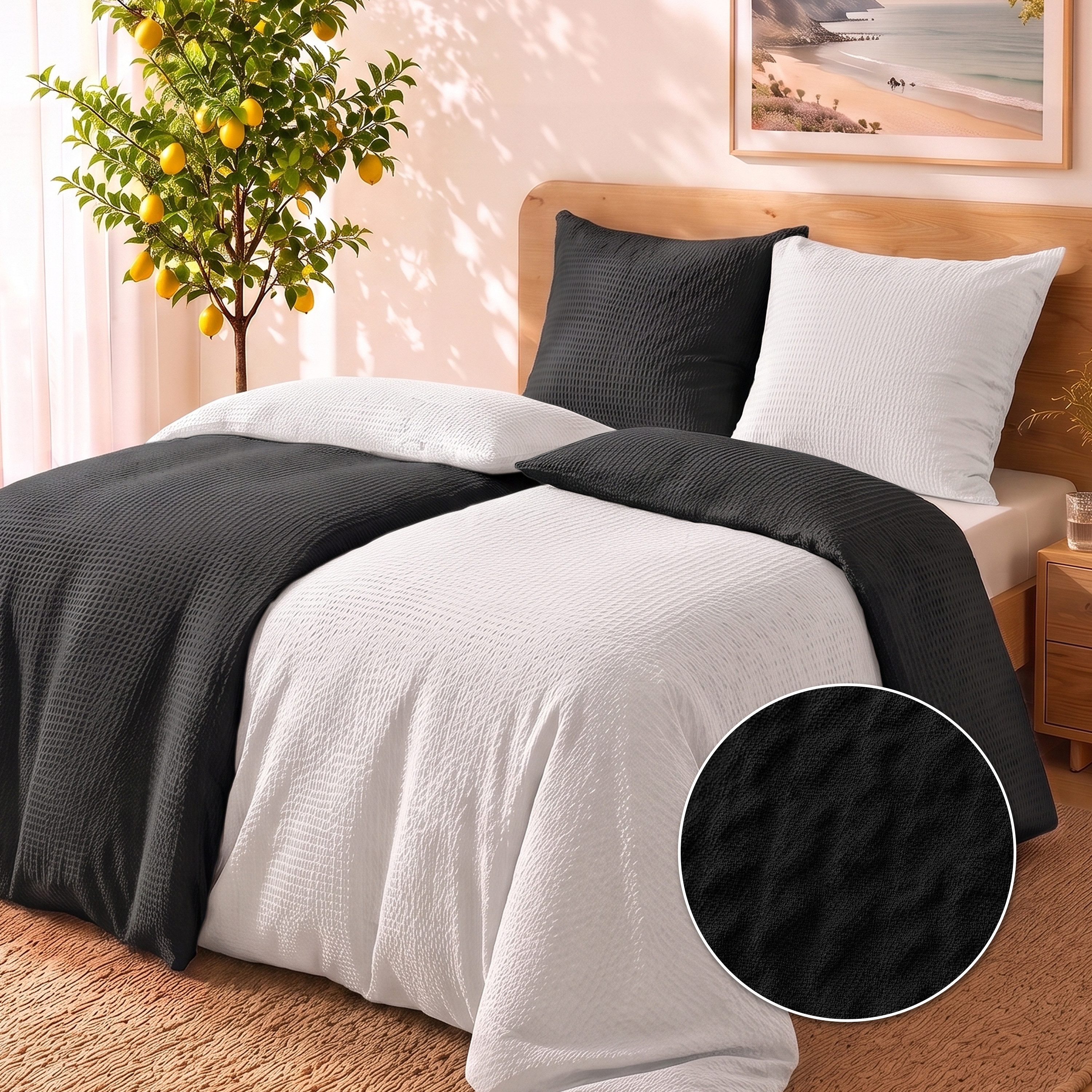 Malika Bettwäsche aus 100 % Mikrofaser, 135x200 + 80x80 cm, Seersucker, Schwarz-Weiß, Seersucker, 2 teilig, Für Allergiker geeignet, pflegeleicht, angenehm weicher Stoff