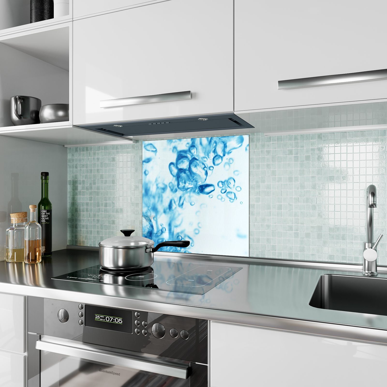 Blaue Primedeco Küchenrückwand Spritzschutz Blasen Glas Wasser