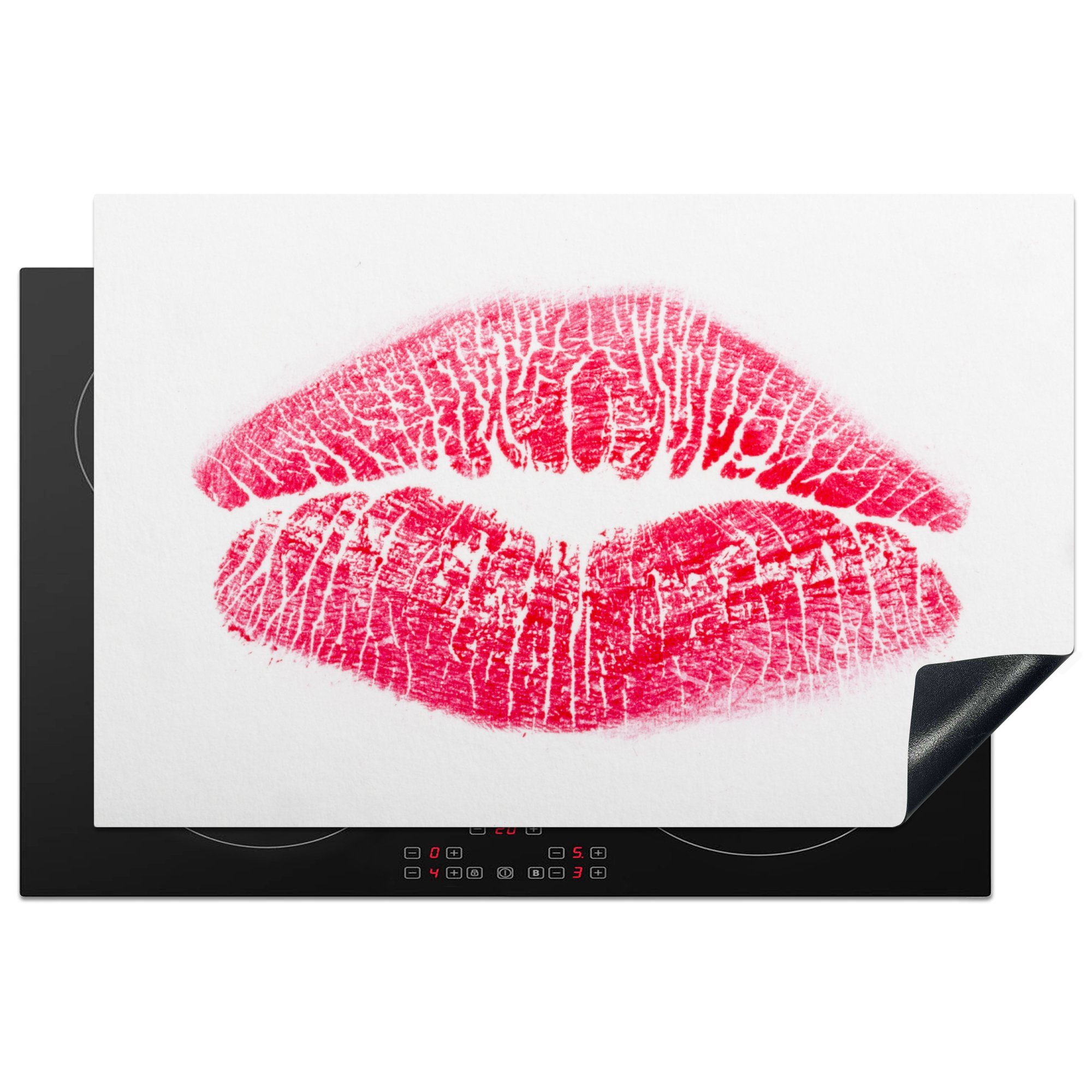 MuchoWow Herdblende-/Abdeckplatte Druck von roten Lippen auf einem weißen Hintergrund, Vinyl, (1 tlg), 81x52 cm, Induktionskochfeld Schutz für die küche, Ceranfeldabdeckung