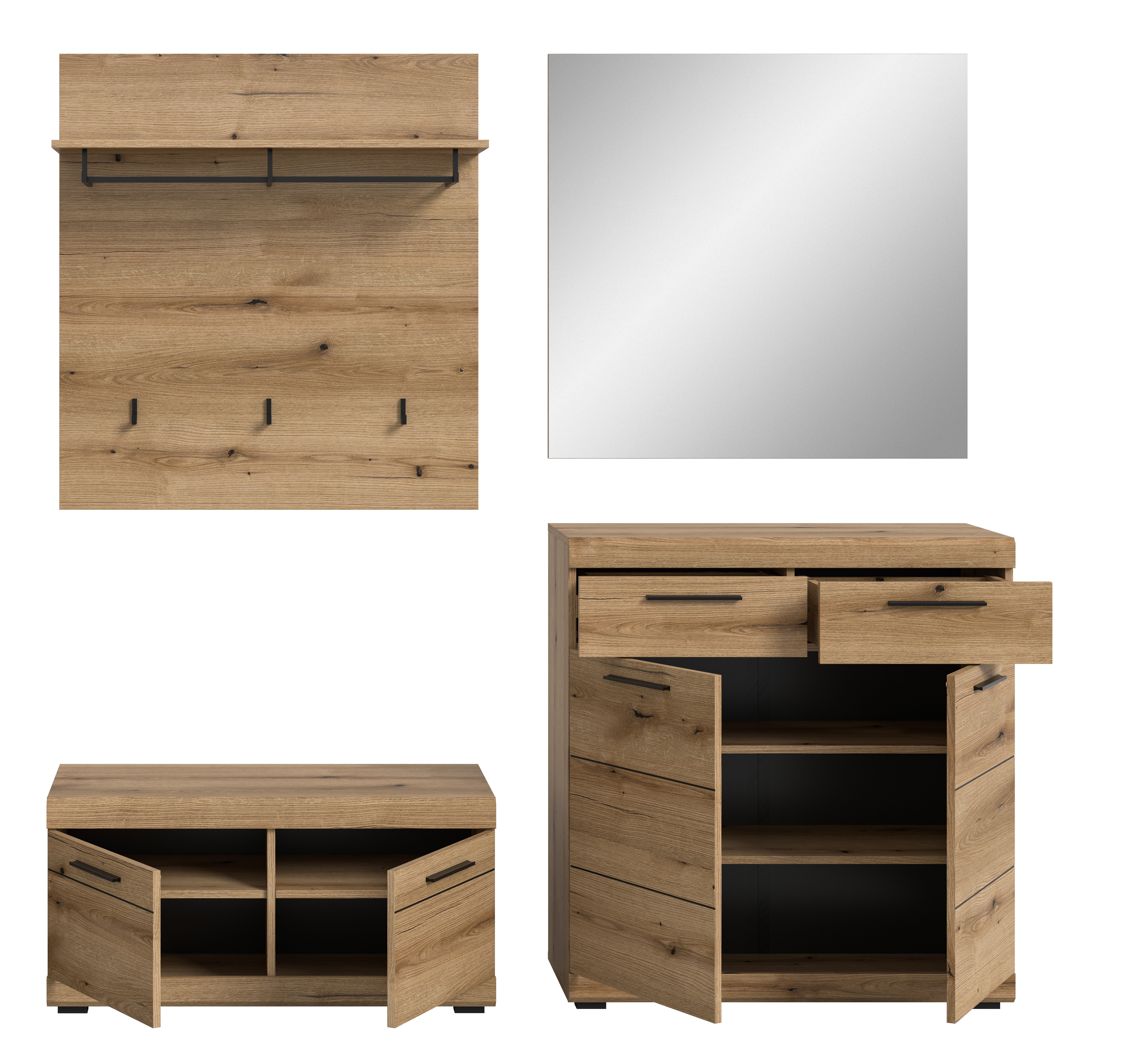 furnling Garderoben-Set Scott, (3-St., Garderobenpaneel, Schuhkommode, Sitzbank, Spiegel), Flurmöbel, Garderobenmöbel, Breite 195 cm, Evoke Oak Nachbildung